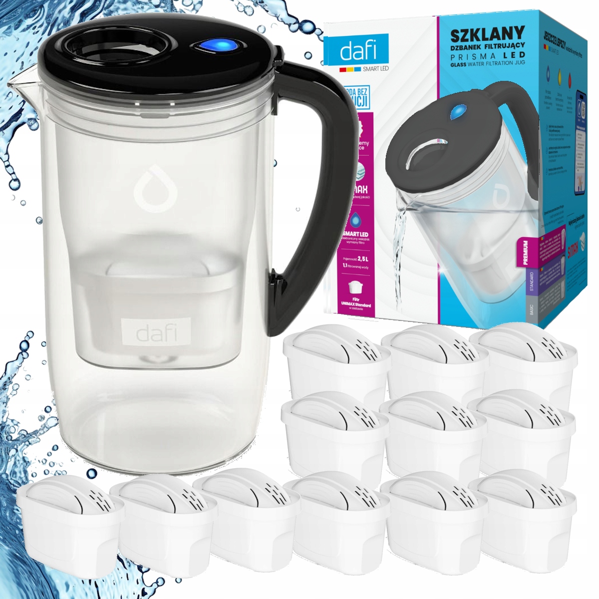 Skleněná filtrační konvice Dafi Prisma Led černá 12x vložka Unimax