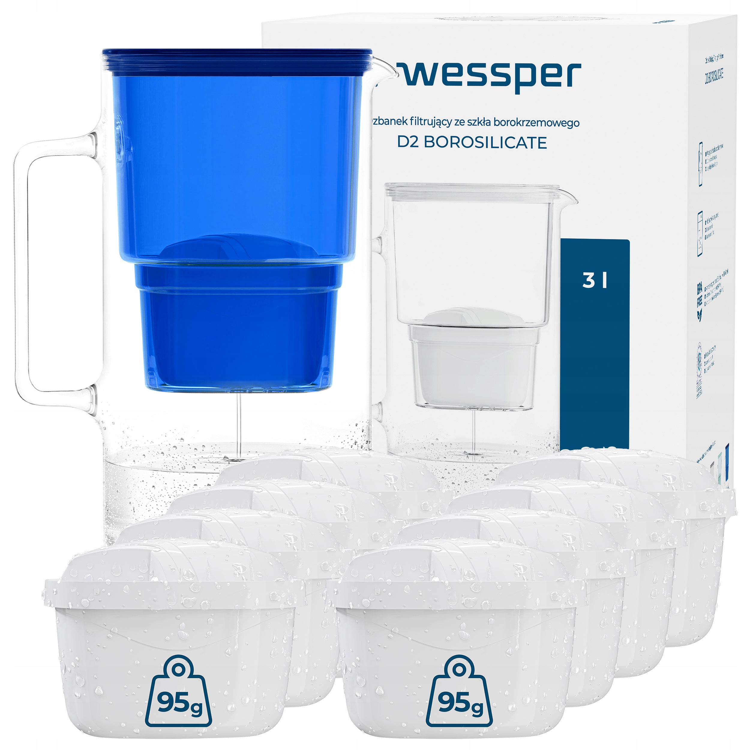 Filtrační konvice skleněná Wessper D2 Borosilicate 3l modrá 9x filtr