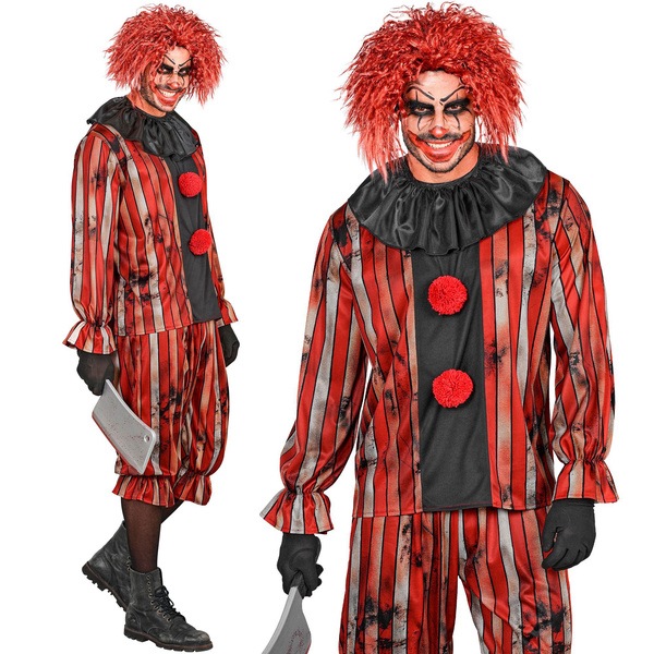 Kostým Šílený Vražedný Klaun Červený S Pruhy Cirkus Halloween XL