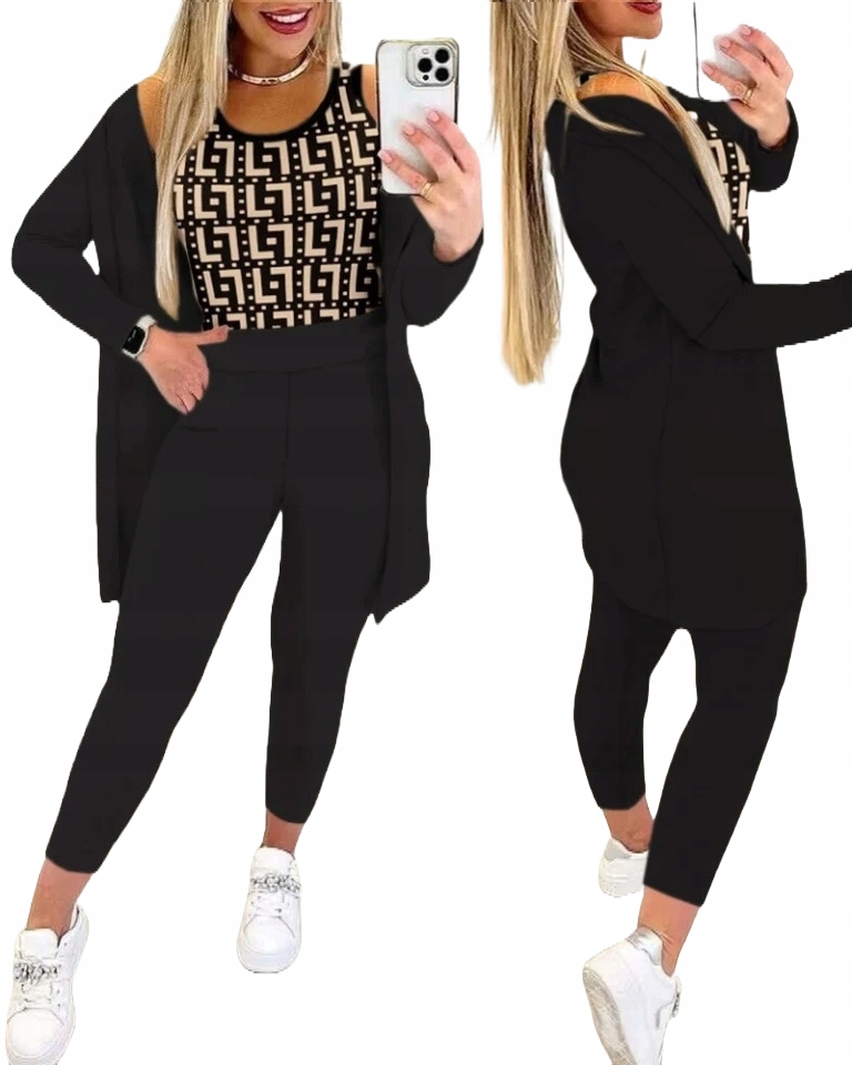 Damski Trzyczęściowy Garnitur Z Długim Rękawem Czarny / 2XL-3XL