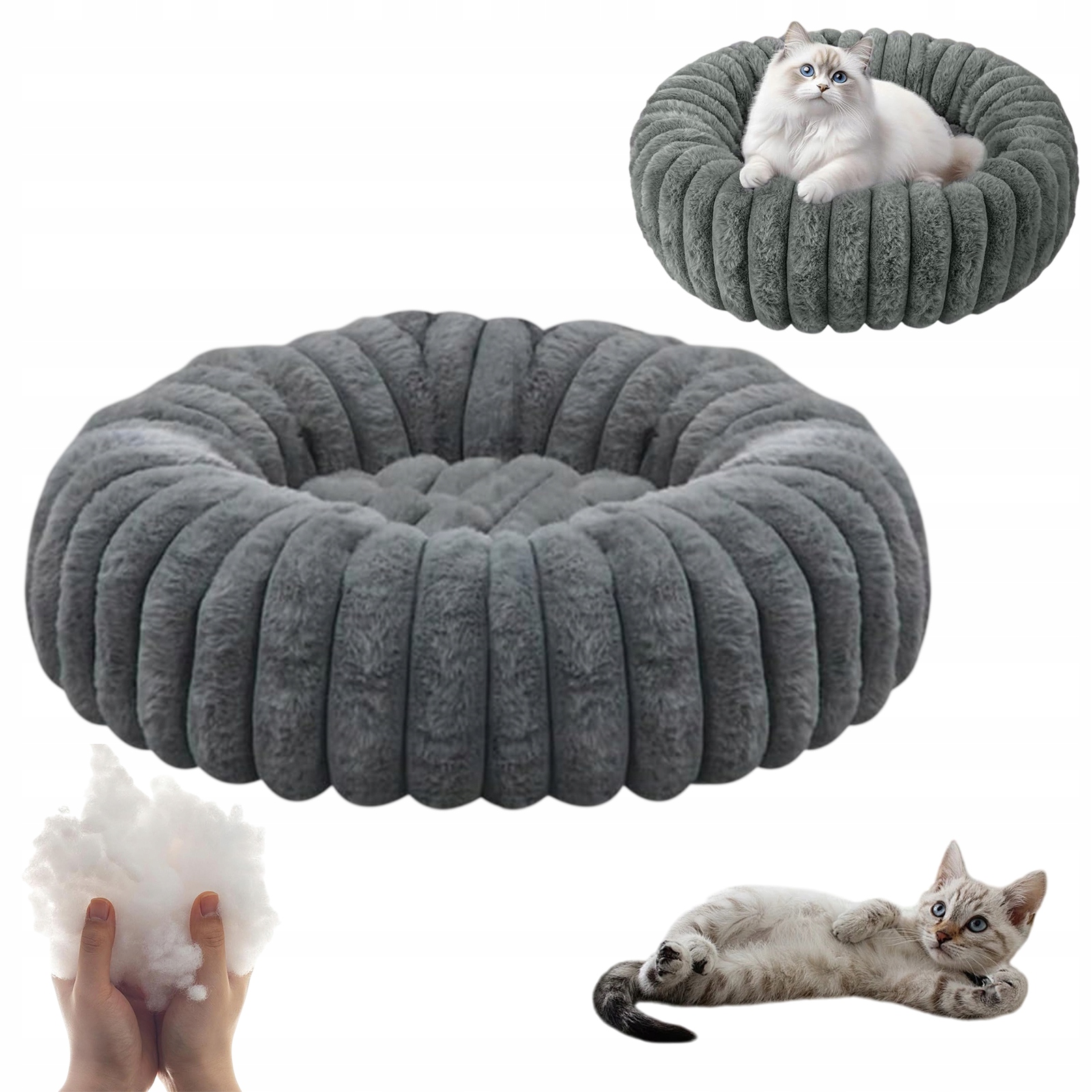 Levně Kulaté Pelíšek Pro Kočky 50X50 CM, Plyšové, S Uklidňující Funkcí, Šedé