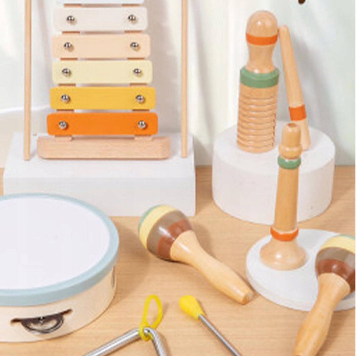 DREWNIANE INSTRUMENTY MUZYCZNE ZESTAW MONTESSORI DLA DZIECI BĘBENEK FLET Wiek dziecka 3 m +