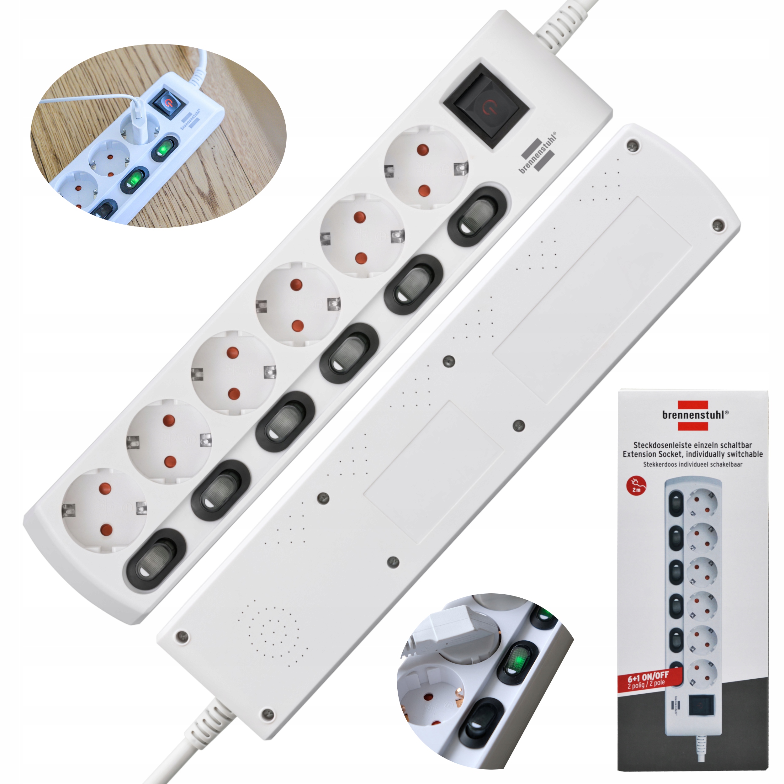 Przedłużacz Elektryczny Listwa 6 Gniazd Przewód 2M Z Osobnymi Wyłącznikami