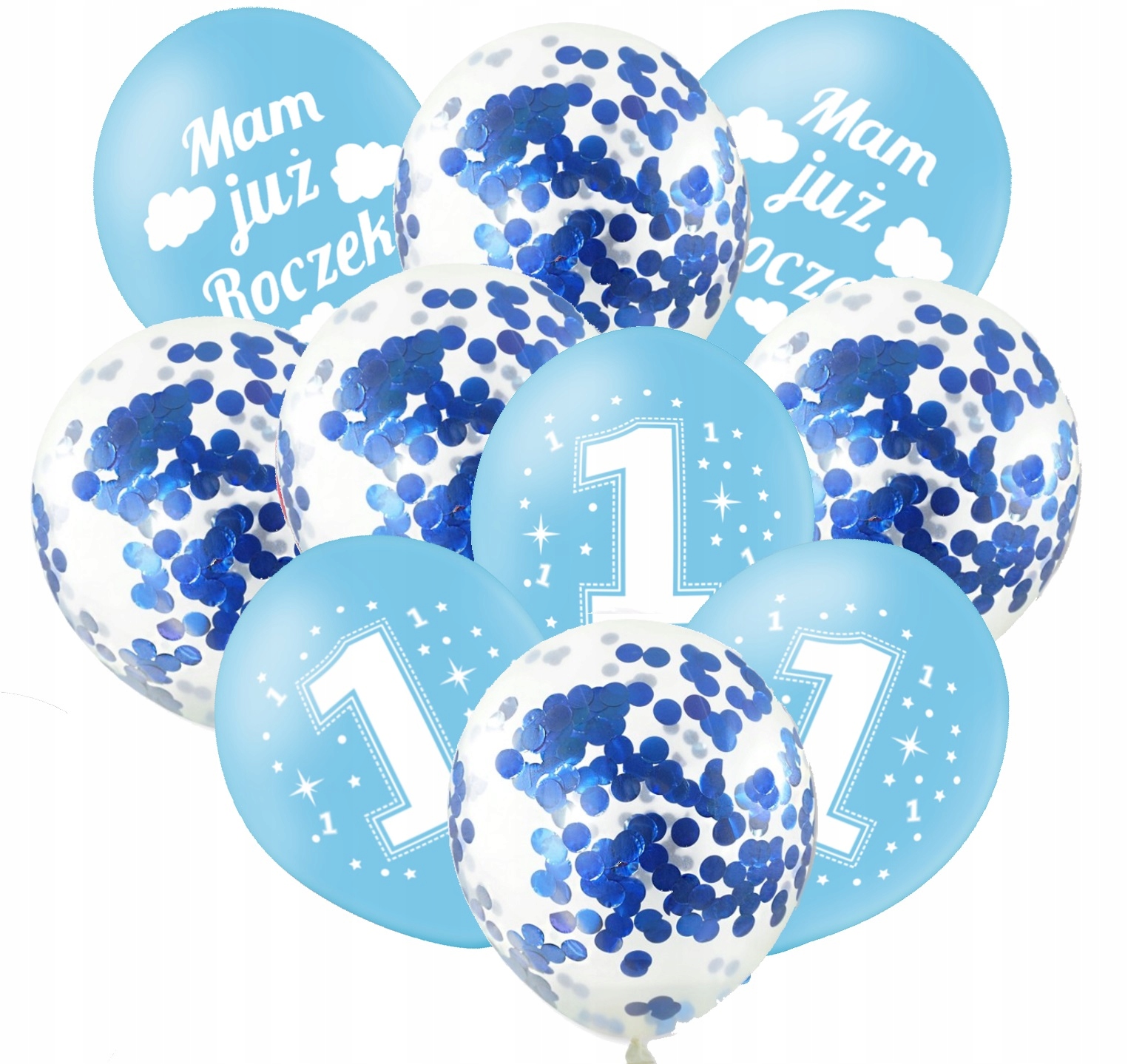 

Balony niebieskie na roczek z 1 konfetti urodziny