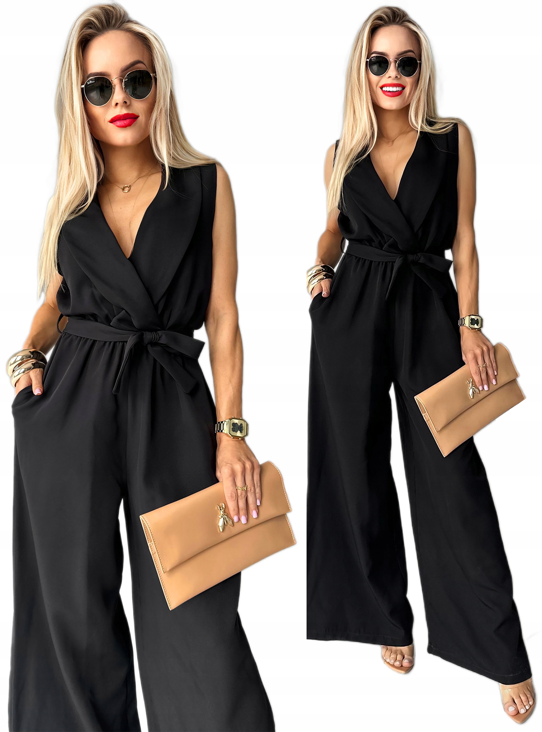 Elegantní Kombinéza Dámský zavinovací výstřih pásek široké nohavice 42 Iris