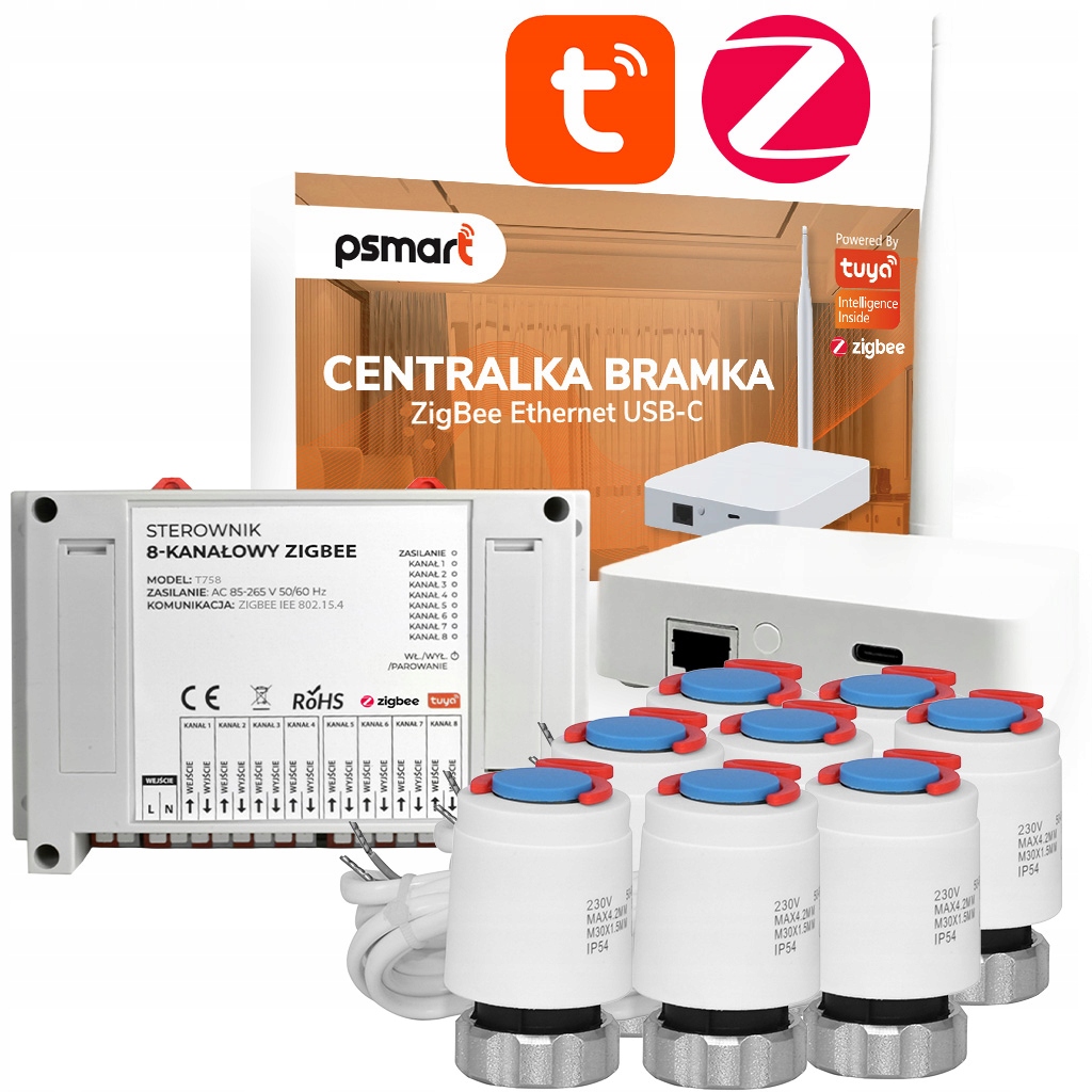 Zestaw do ogrzewania podłogowego 8x siłownik sterownik 8CH ZigBee Tuya