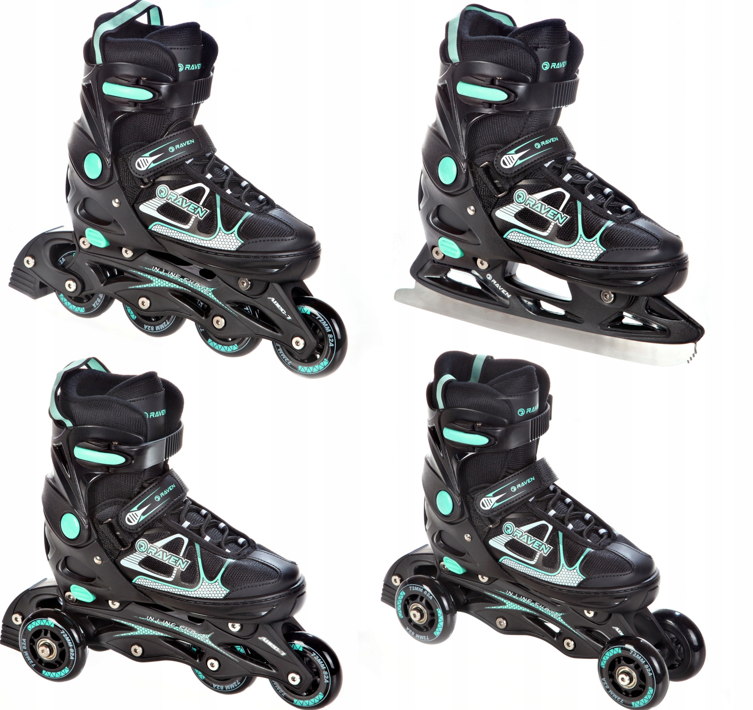 Rolki Wrotki Łyżwy Regulowane 4w1 RAVEN Spirit Black/Mint 40-43