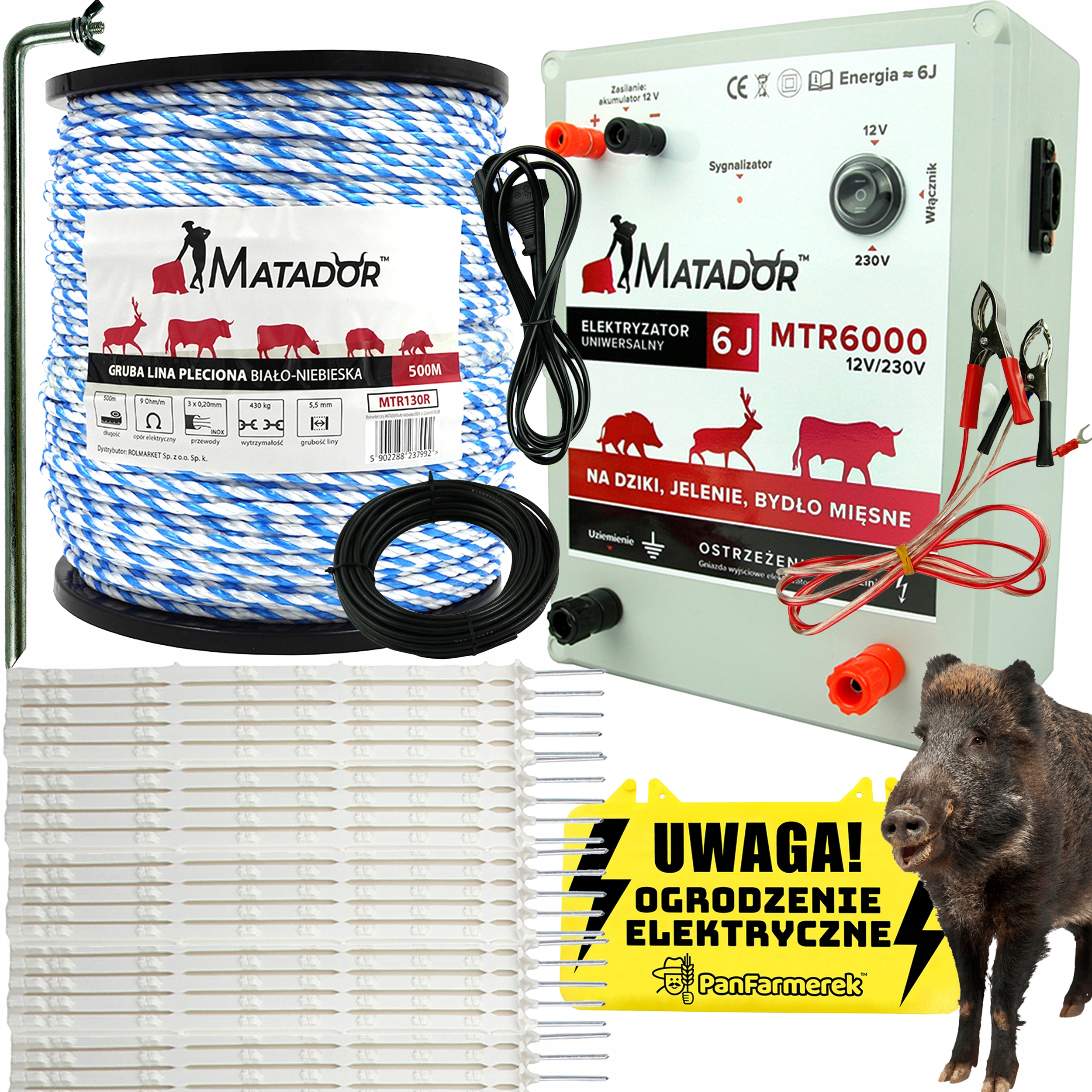 ZESTAW XL PASTUCH ELEKTRYCZNY ELEKTRYZATOR NA DZIKI BYKI PALIKI LINKA 6J