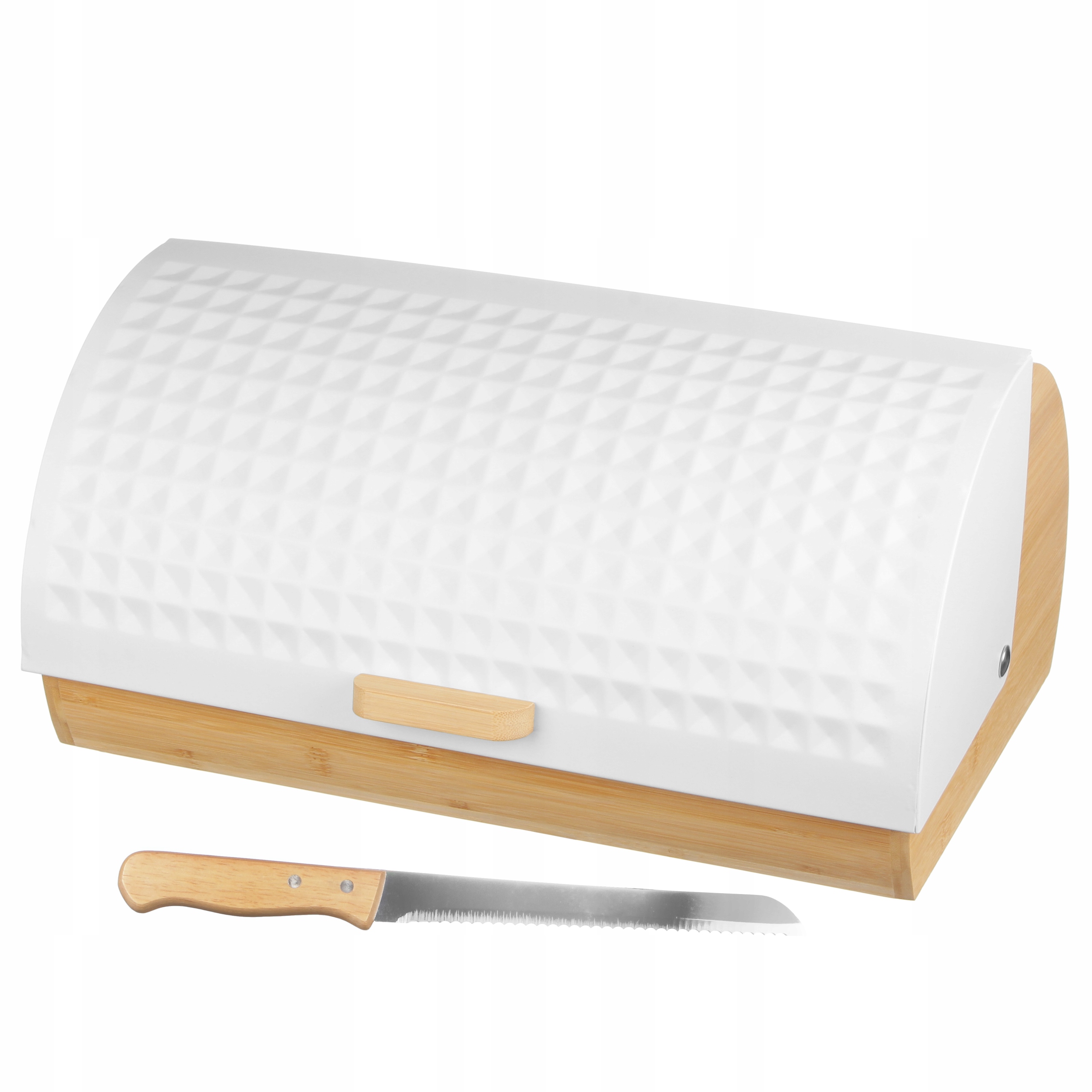 POJEMNIK NA CHLEB BUŁKI PIECZYWO METALOWY CHLEBAK BIAŁY BAMBUS + NÓŻ