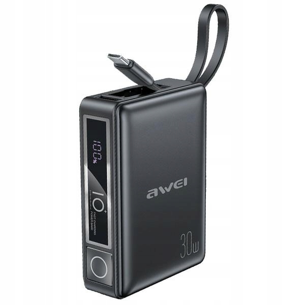 Awei PowerBank s vestavěným kabelem P87K 10000 mAh černá/černá 30W