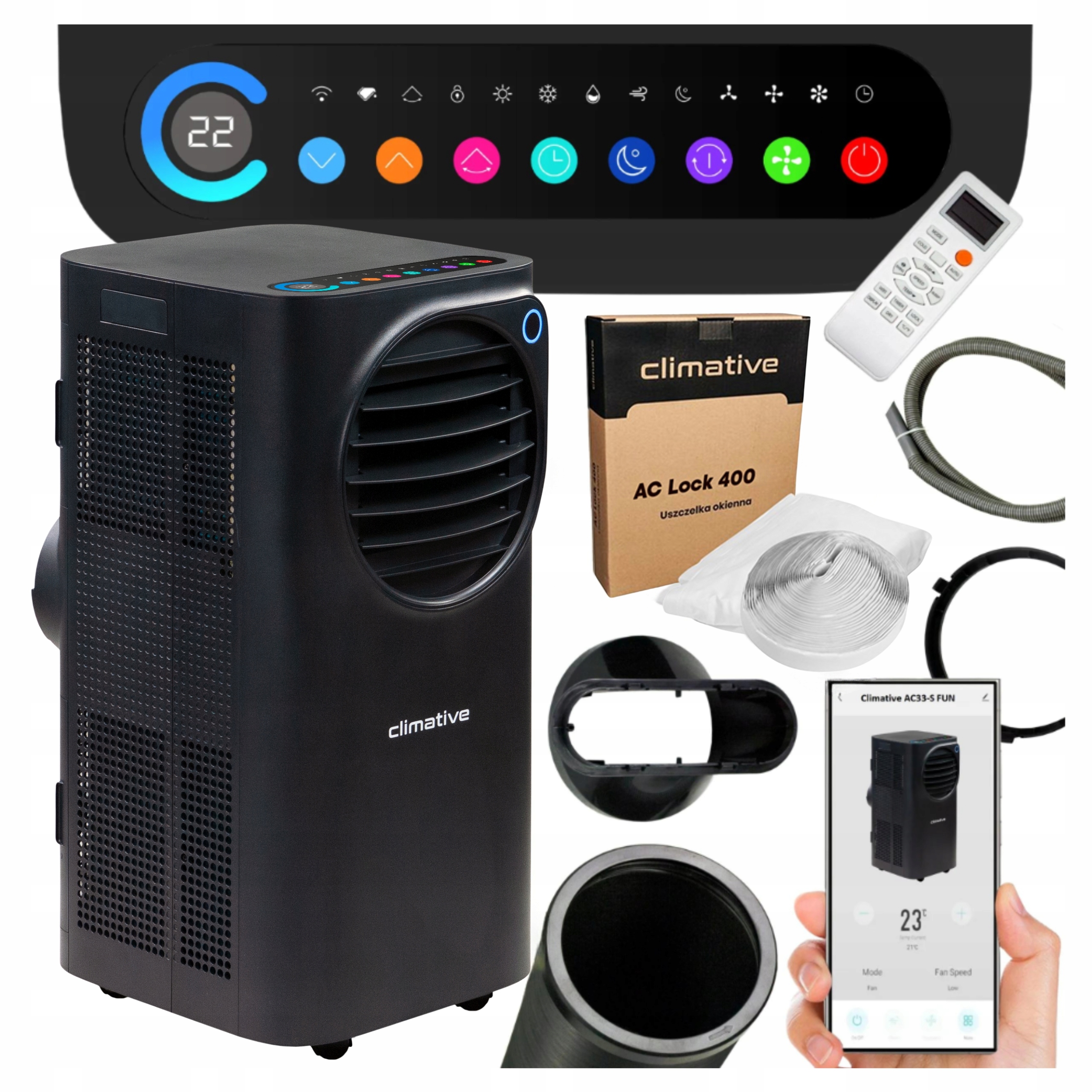Mobilná klimatizácia 3v1 klimatizátor Fun WiFi Farebný Led 3,3 kW tesnenie