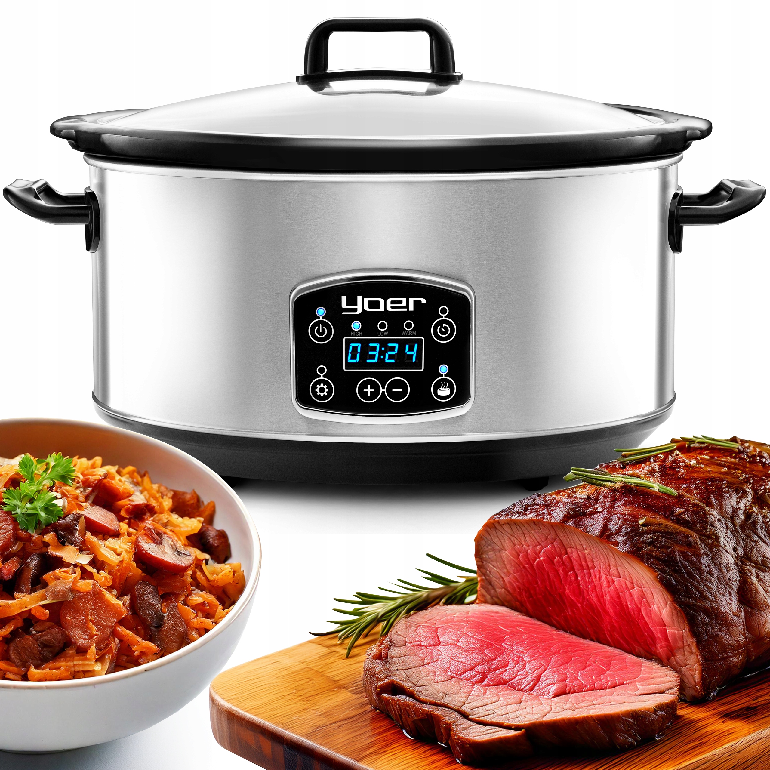 Wolnowar Garnek ceramiczny Slow Cooker Yoer Inox LCD 320W 6,5L +Programator