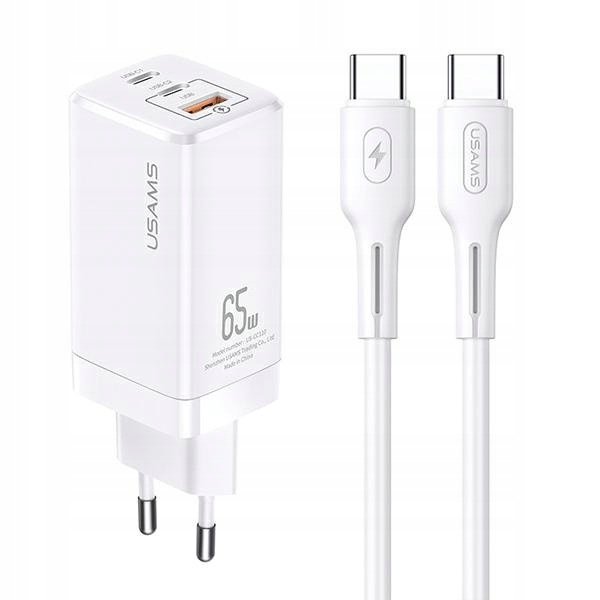 Usams Ładowarka sieciowa GaN 65W 2xUSB-C Usb-a z kablem Usb-c