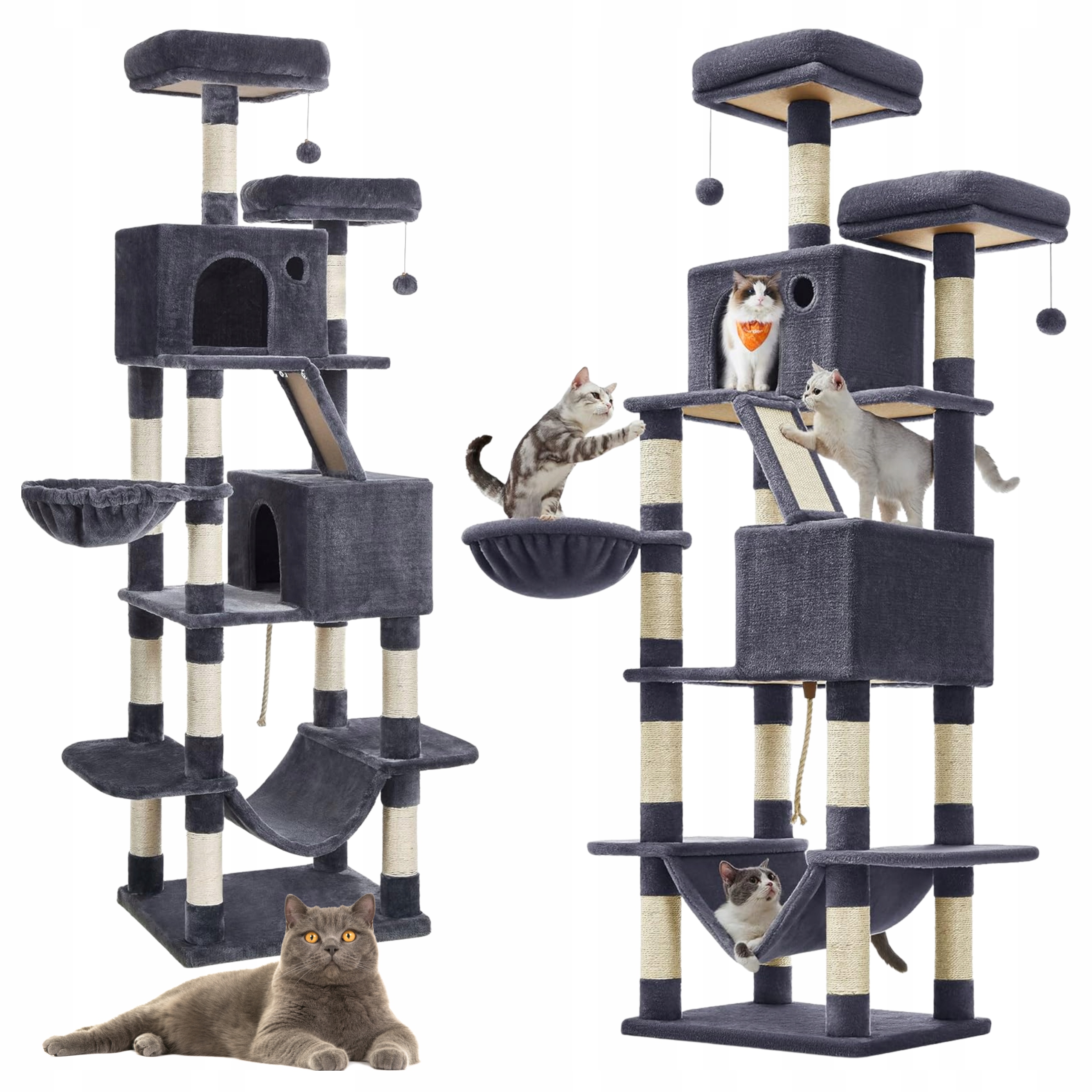 Levně Škrabadlo Pro Kočky 206 cm Velké Víceúrovňové 2 Lůžka Jeskyně Houpací Síť Šedá