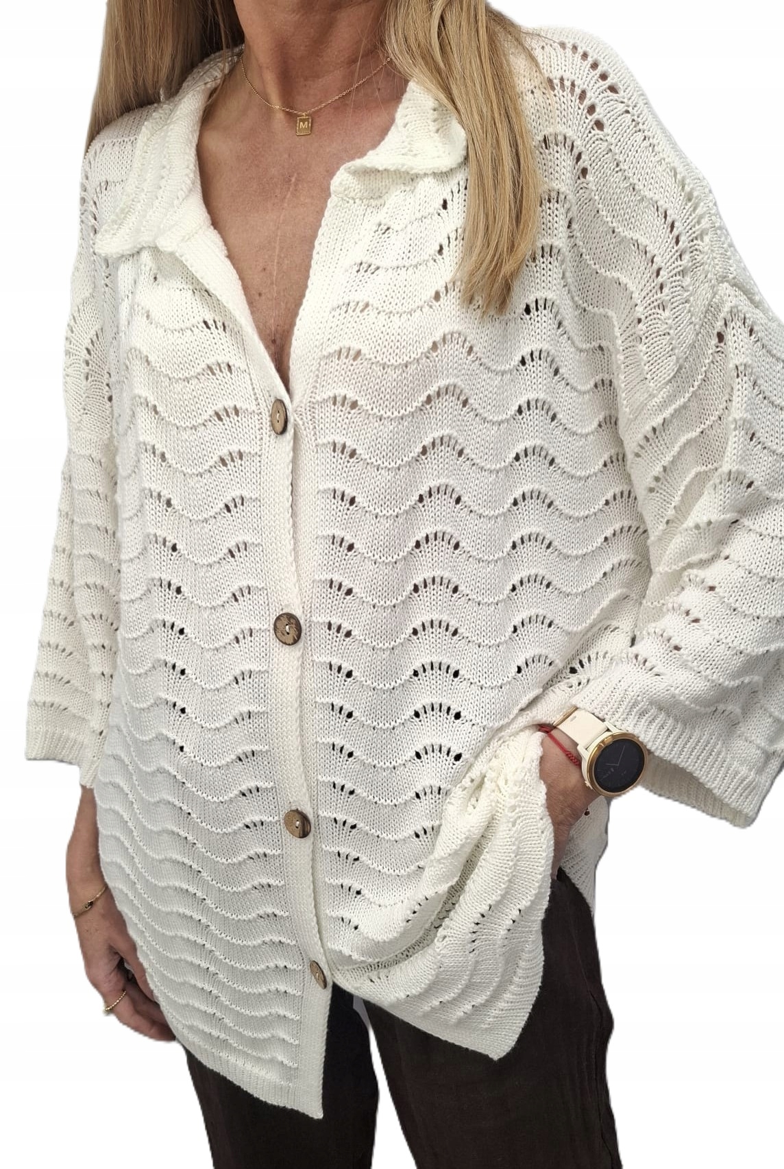Cocomore Yarn Ažurový svetr Kardigan na Knoflíky Bílý Ecru Uni New