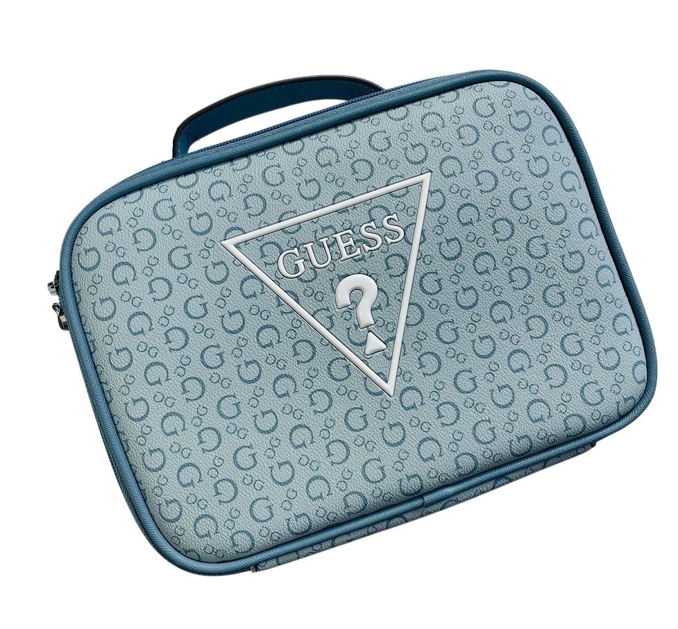 Guess niebieska, duża kosmetyczka w monogram