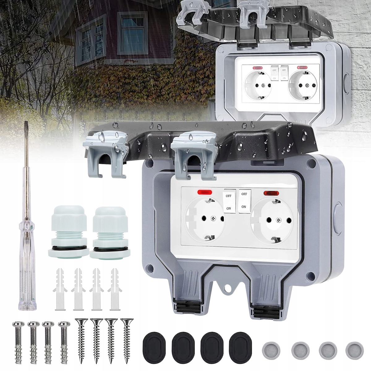 PODWÓJNE GNIAZDO OGRODOWE IP66 ZEWNĘTRZNE WODOSZCZELNE GNIAZDKO Liczba gniazdek 2 szt.