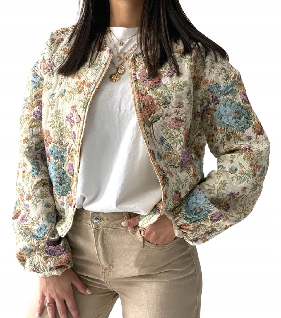 Żakardowa kurtka Bomberka gobelinowa kwiaty wiosna