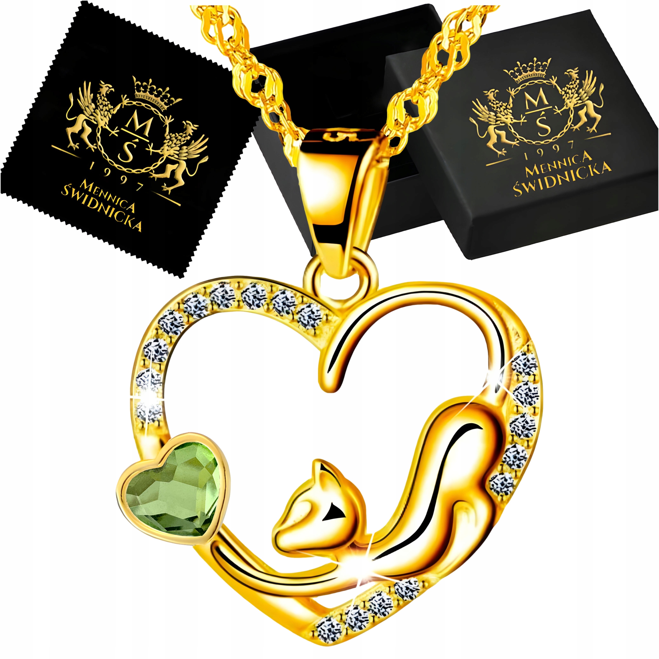 Zlatý náhrdelník ve tvaru srdce s kočkou Stříbro 925 s zirkony Dárek