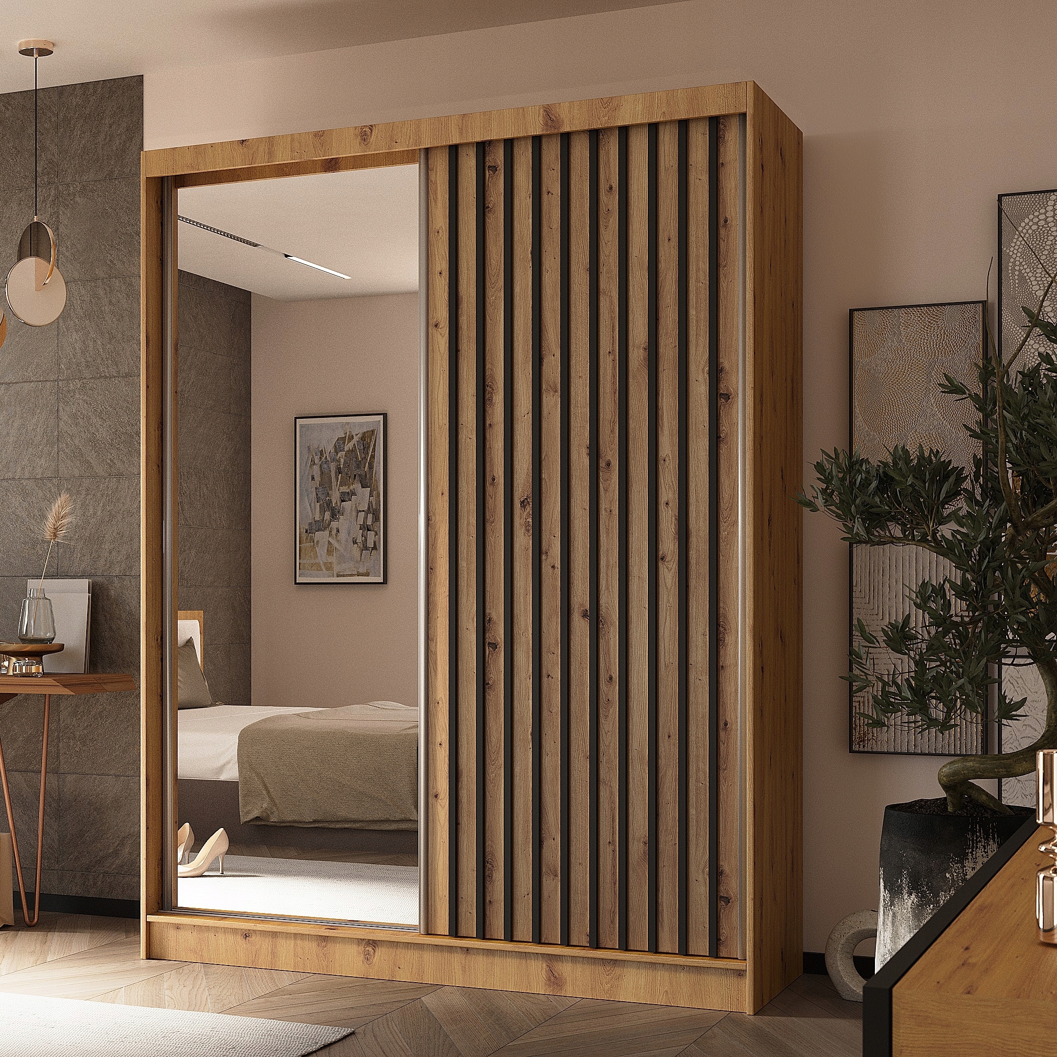 Skříň Lamello 160 cm Skříň se zrcadlem Posuvná dub artisan