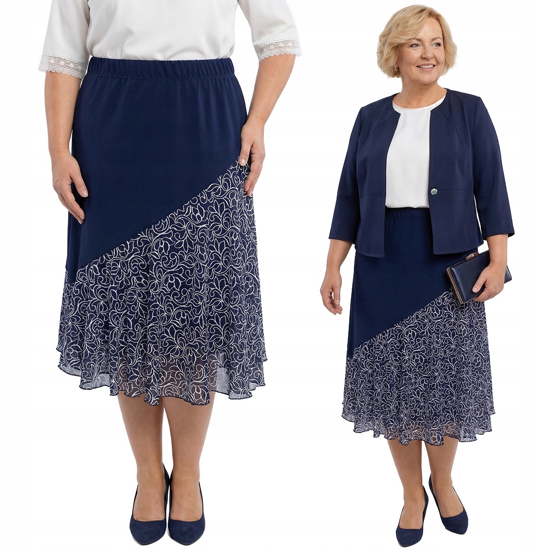 Tmavě modrá sukně s bílými vzory a velikostí velikost 52/54