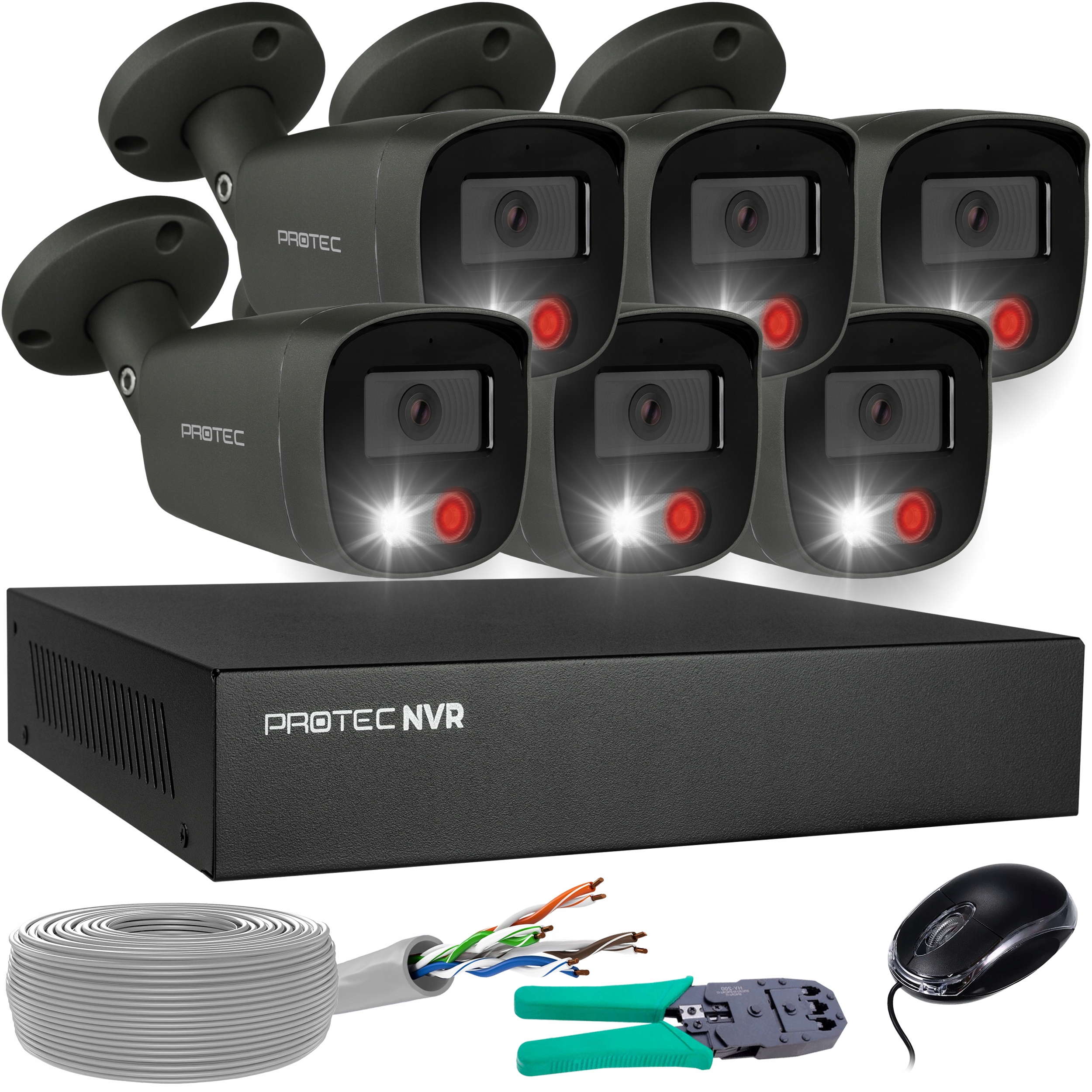 Monitorování 6 kamer Grafitové Ip PoE Full barva detekce lidí 5Mpx bez hdd