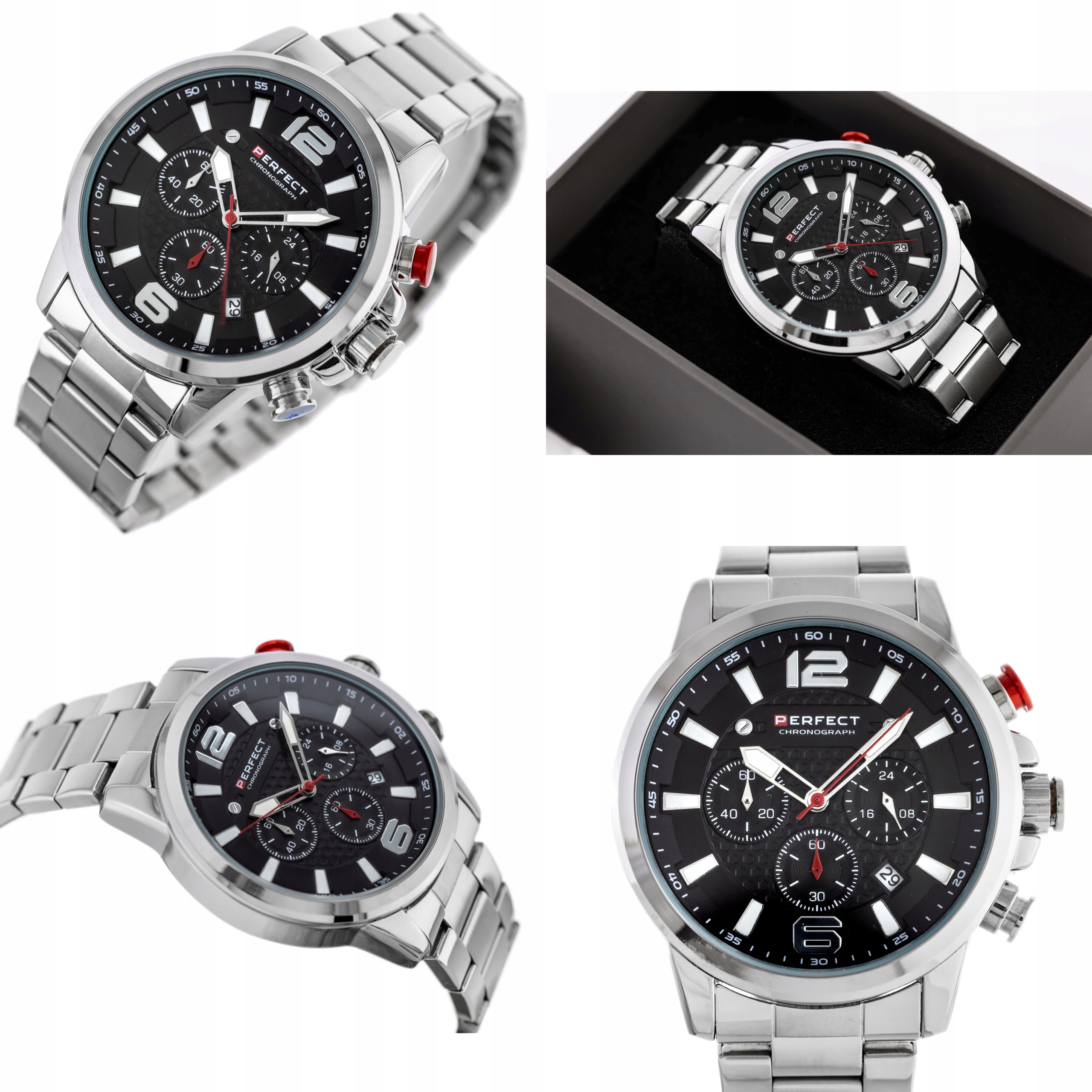 ZEGAREK MĘSKI PERFECT BOLTON +BOX +GRAWER CHRONOGRAF DATOWNIK STALOWY Mechanizm kwarcowy