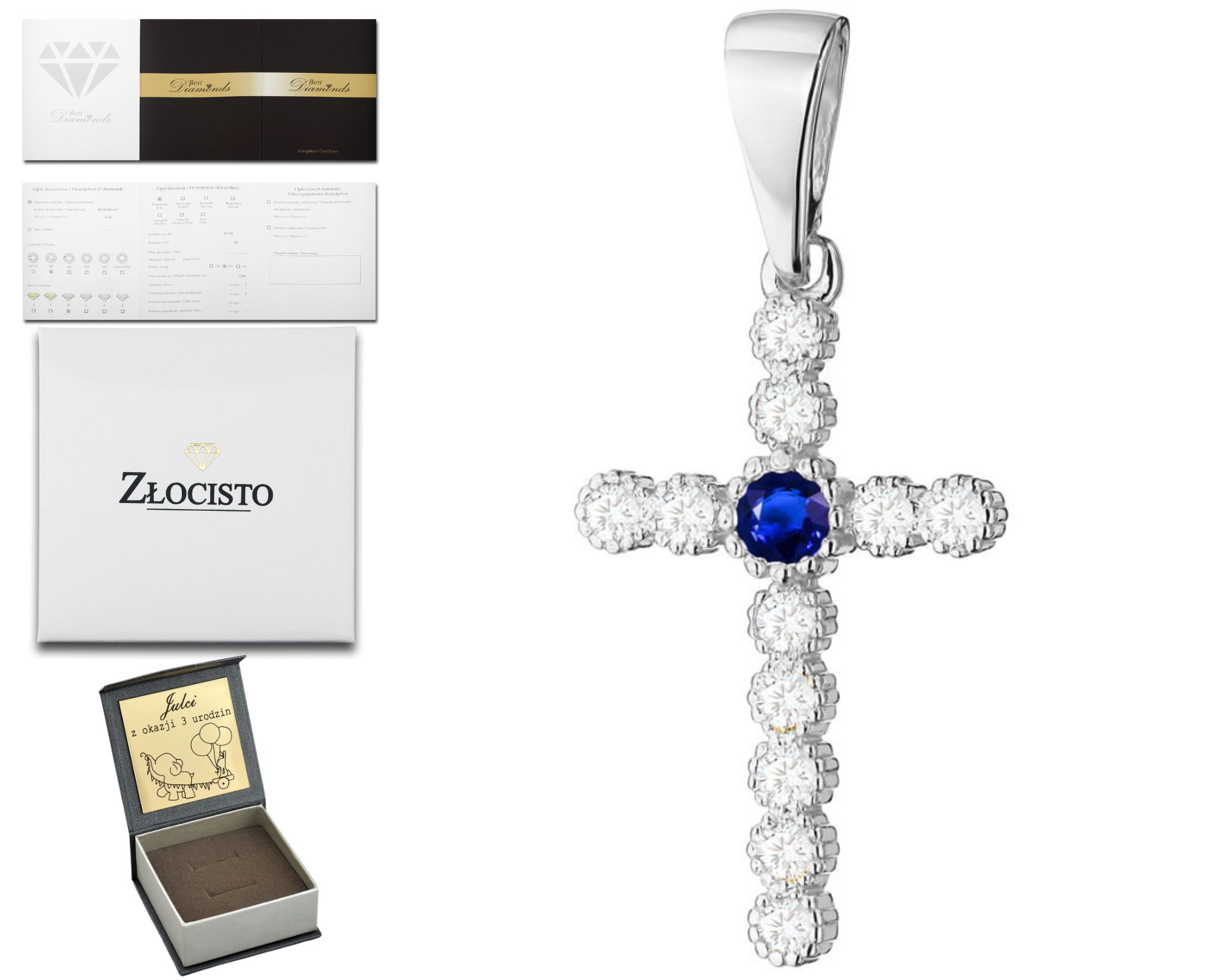 Bílé Zlato Přívěsek Křížek Se Safírem A Brilianty 585 Gravírování Dárek