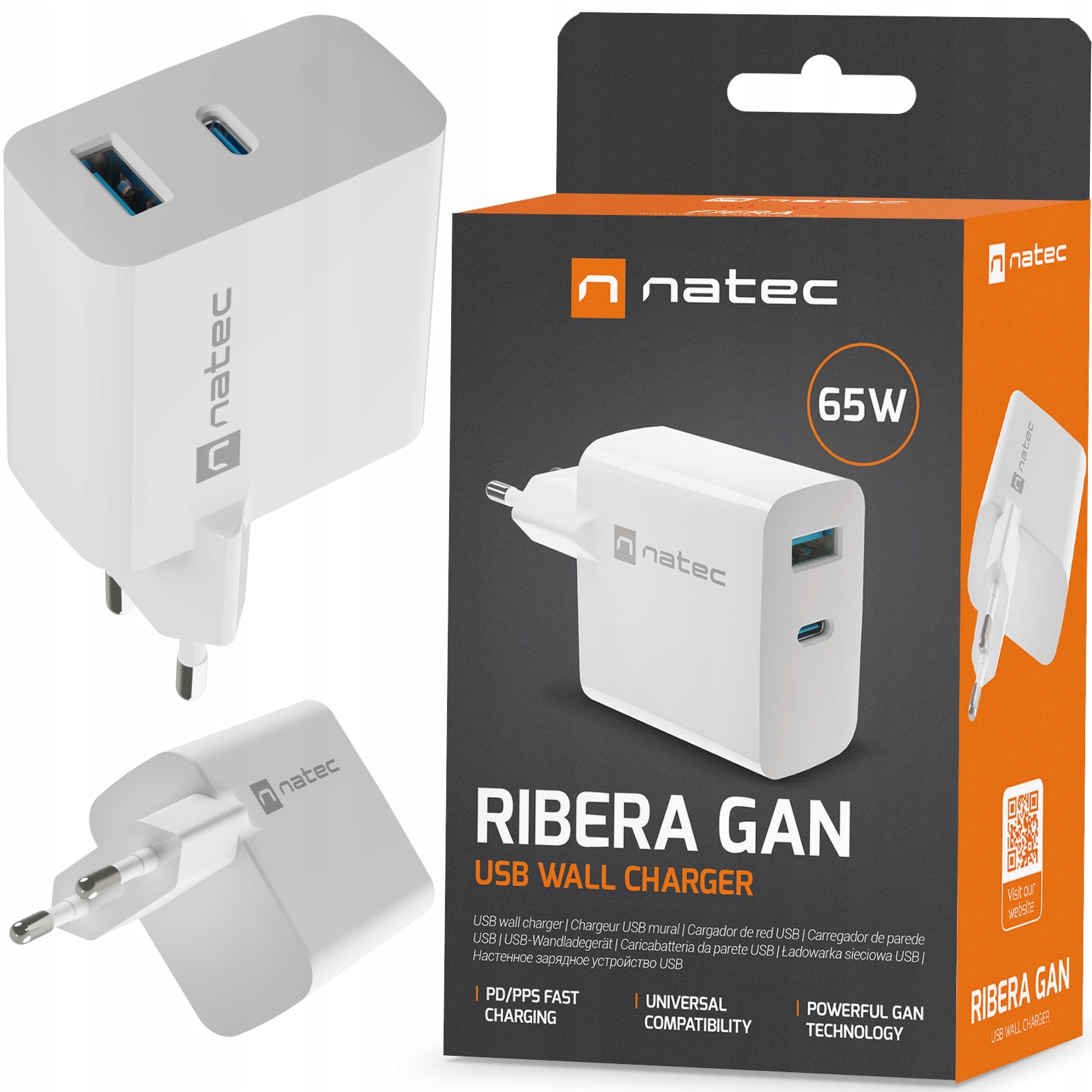 Szybka Ładowarka 65W Natec Ribera GaN 3.25A Usb-c Telefonu Laptopa Biała