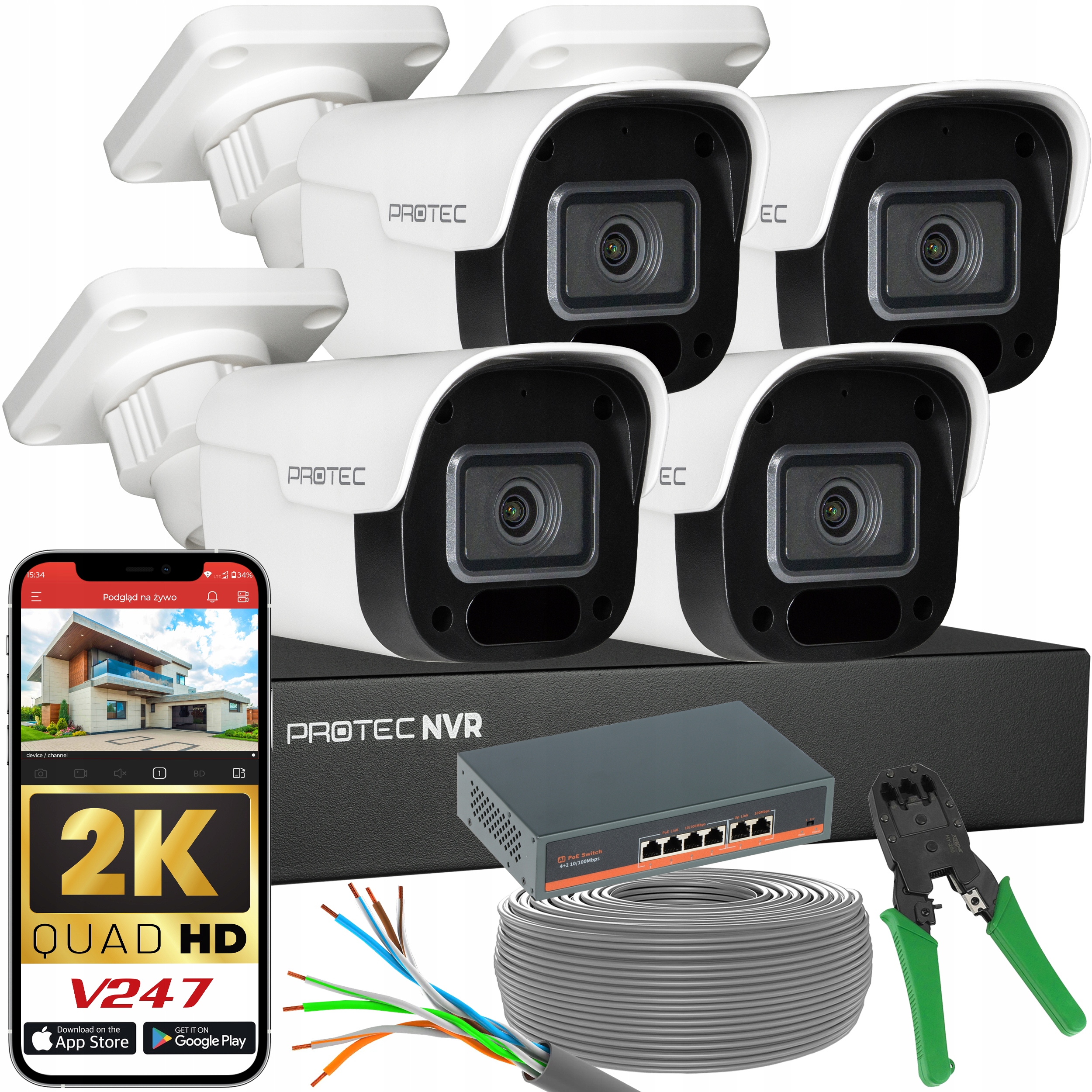 Zestaw Monitoringu 4 Kamery Ip 4Mpx Switch PoE Detekcja Mikrofon Bez dysku