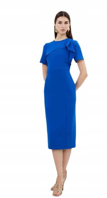 Karen Millen Kobaltová Šaty MIDI S Volánem Na Rameni Petite 34 B1F