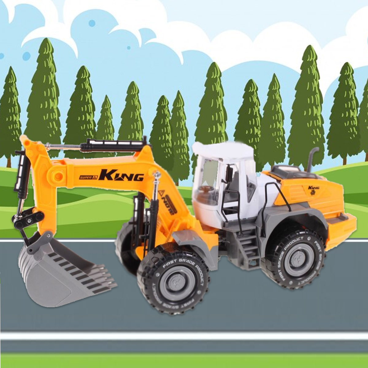 DUŻA KOPARKA POJAZD BUDOWLANY AUTO Z NAPĘDEM RUCHOMA ŁYŻKA SPYCHACZ KOKPIT Marka Stator