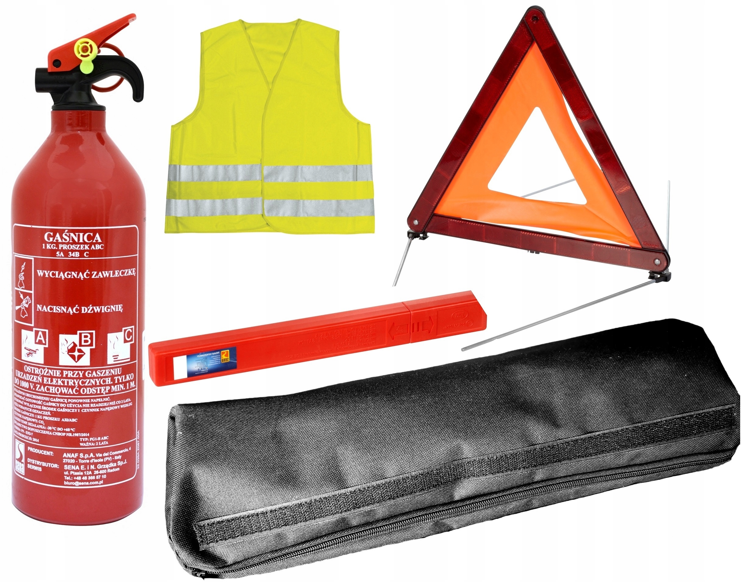 ZESTAW DO AUTA GAŚNICA PROSZKOWA ABC 1KG TRÓJKĄT KAMIZELKA TORBA