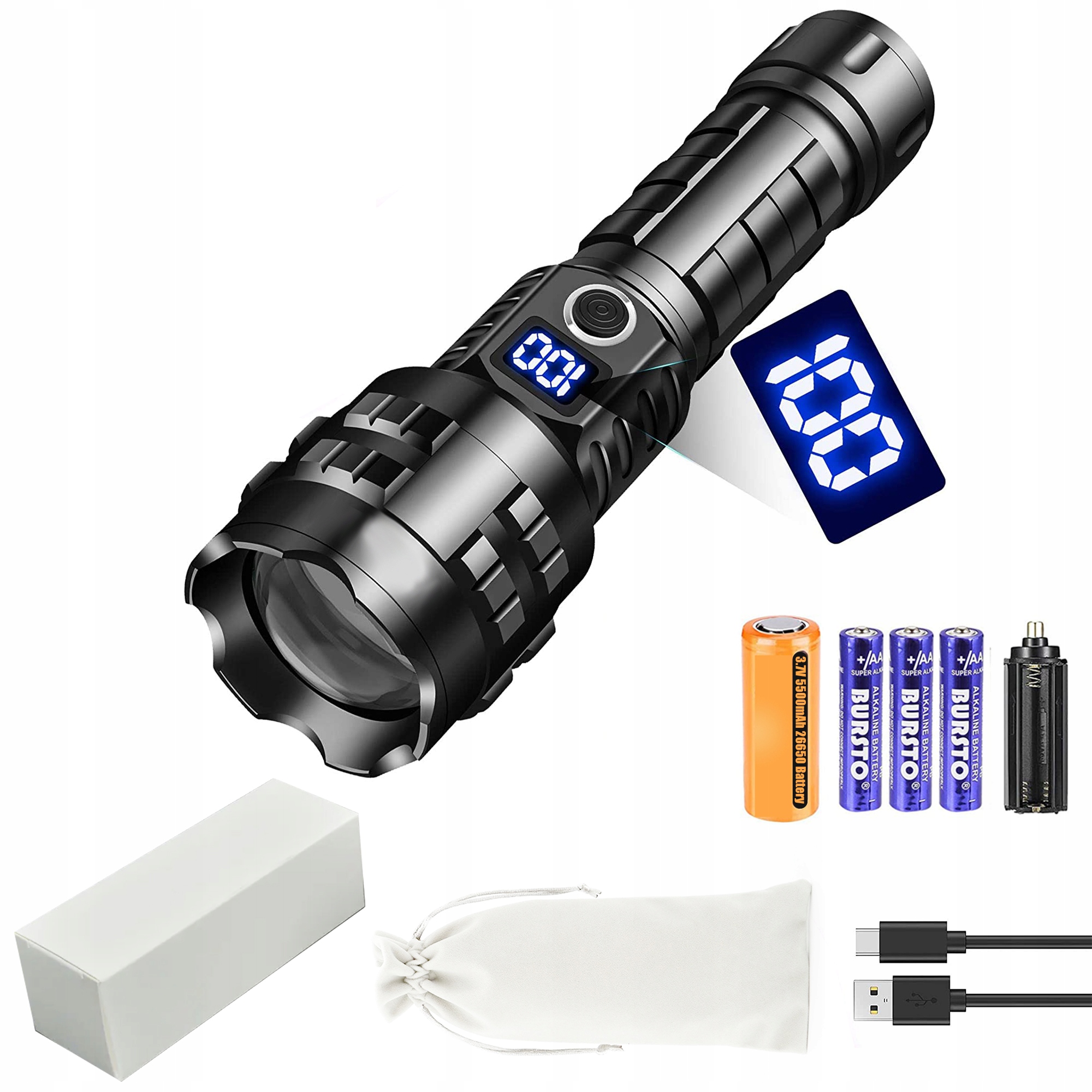 Výkonná Taktická Svítilna 15000 Lumenů Usb Vojenská s baterií