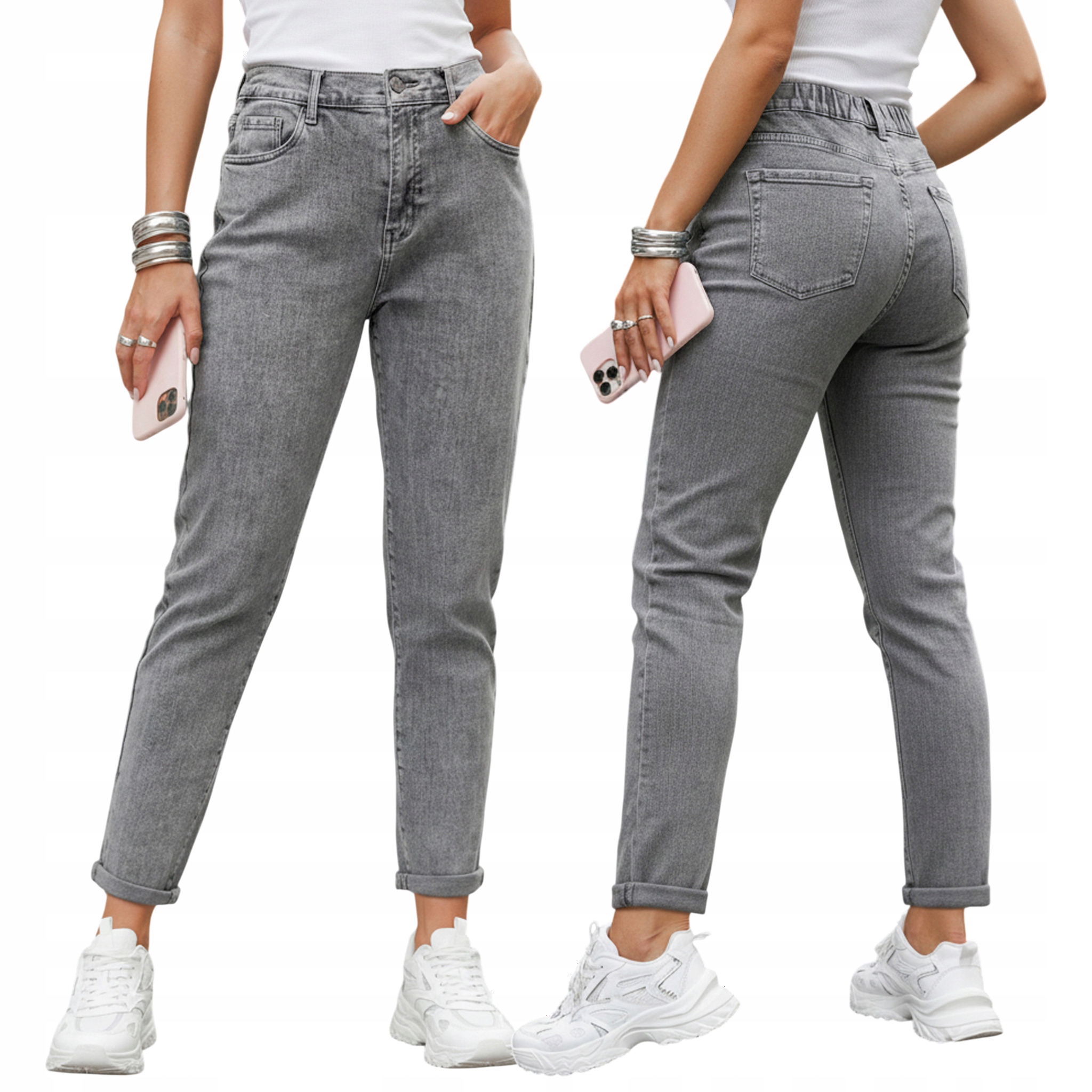 Jeansy damskie z wysokim stanem mom fit szare UY2894 S
