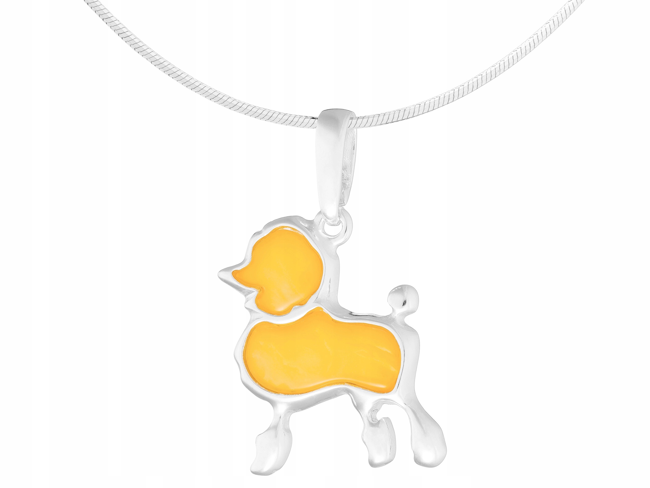 Dlouhý stříbrný dámský náhrdelník Pudl s mléčným jantarem Pes Stříbro 50