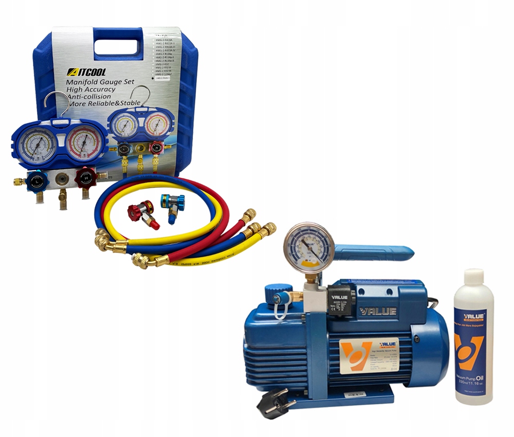 Manometry Aitcool s rychlospojkami R134a vakuová pumpa Value V-i120SV