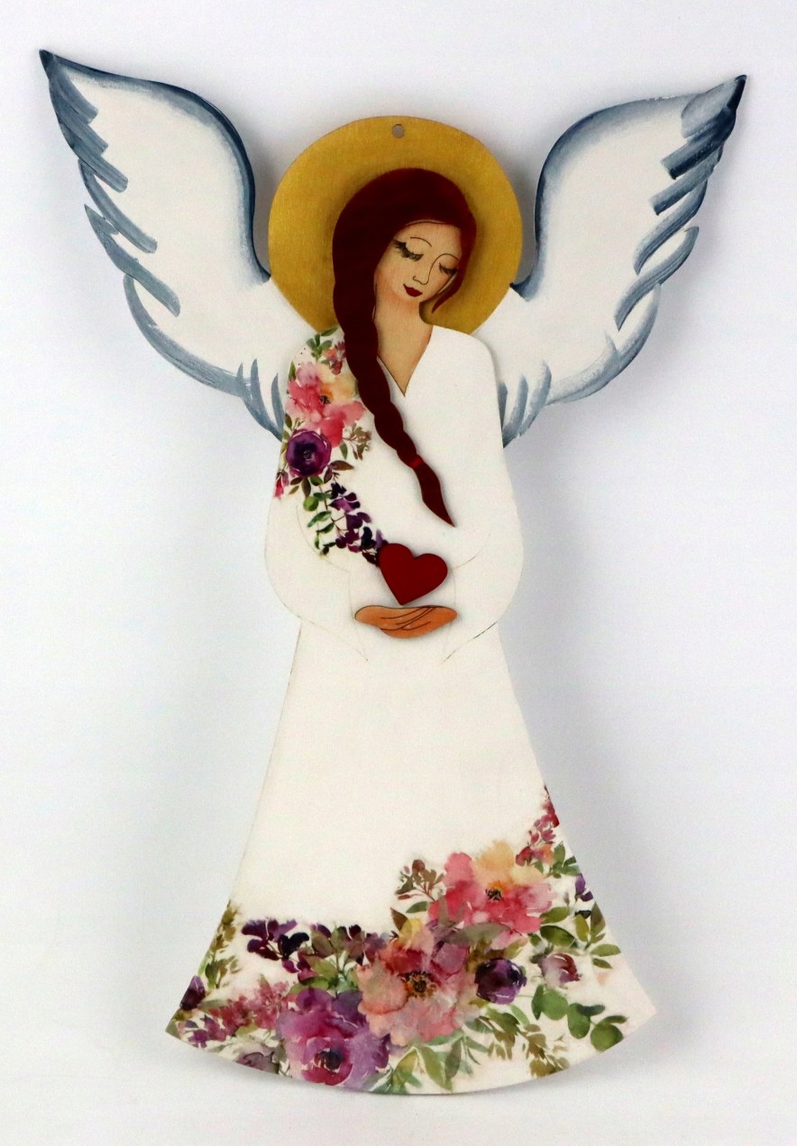 Dřevěný velký světlý květinový anděl červené srdce. Zlatá aureola Ozdoba