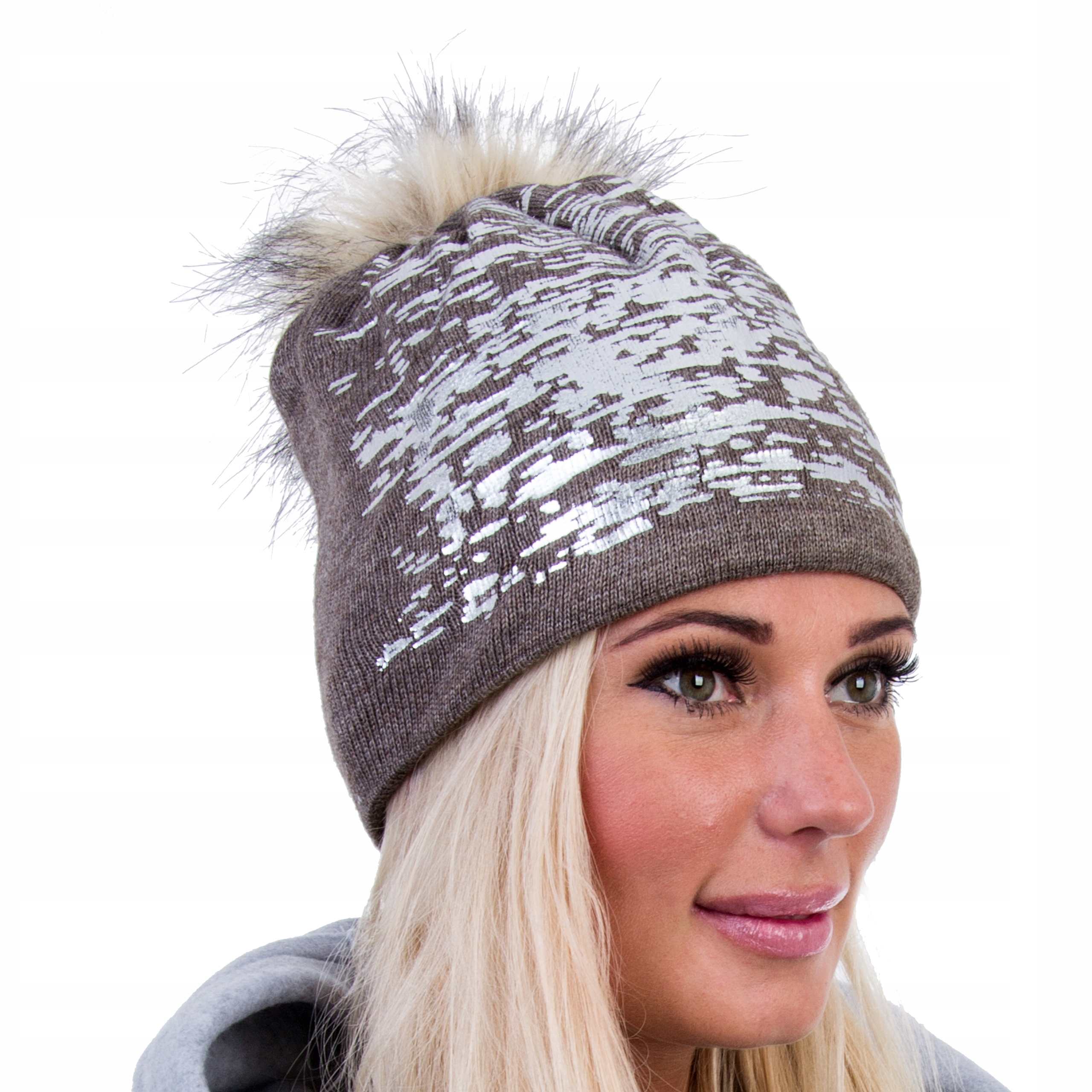 

C127 Damska Czapka Beanie Pompon Brąz