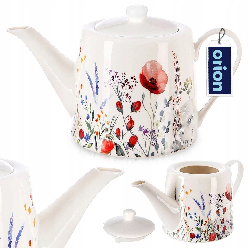 Dzbanek do Kawy Herbaty Porcelanowy Biały Nadruk Maki Orion 1 l