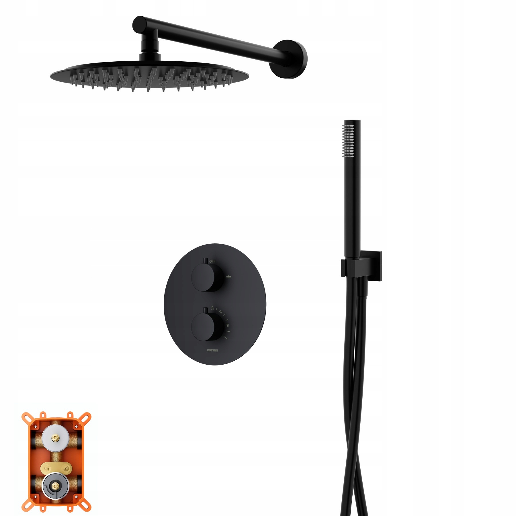 Sprchový set Corsan Lugo černá s dešťovou sprchou 25 cm, baterie termost