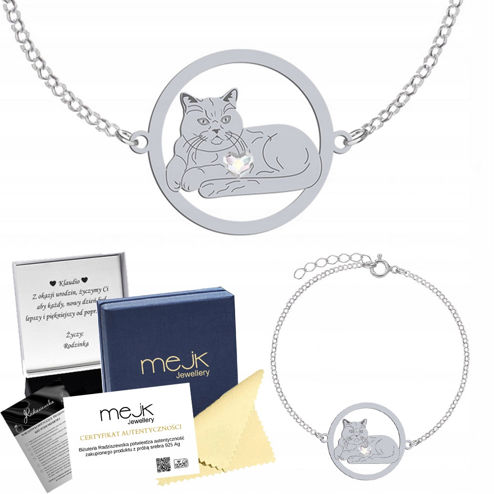 Stříbrný náramek Britská kočka krátkosrstá 925 Šperky Dárek Gravírování
