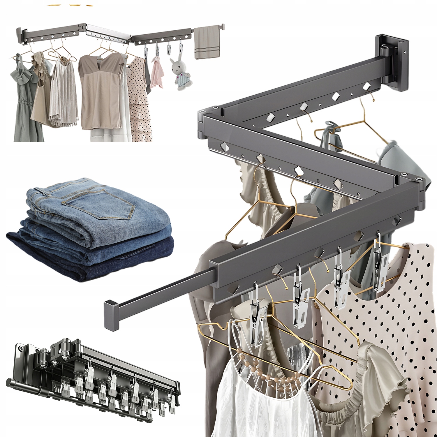 Levně Sušák Na Prádlo Na Zeď S 20 Sponami A Otočná Až O 360° Pro Sklep