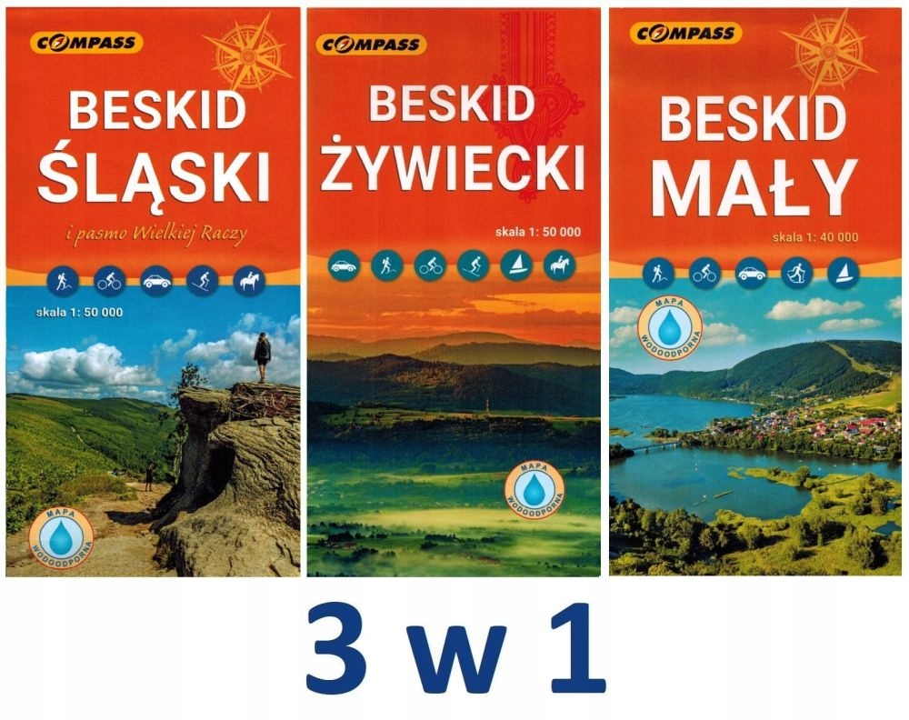 BESKID ŚLĄSKI ŻYWIECKI MAŁY MAPA LAMINOWANA x 3 ZESTAW COMPASS
