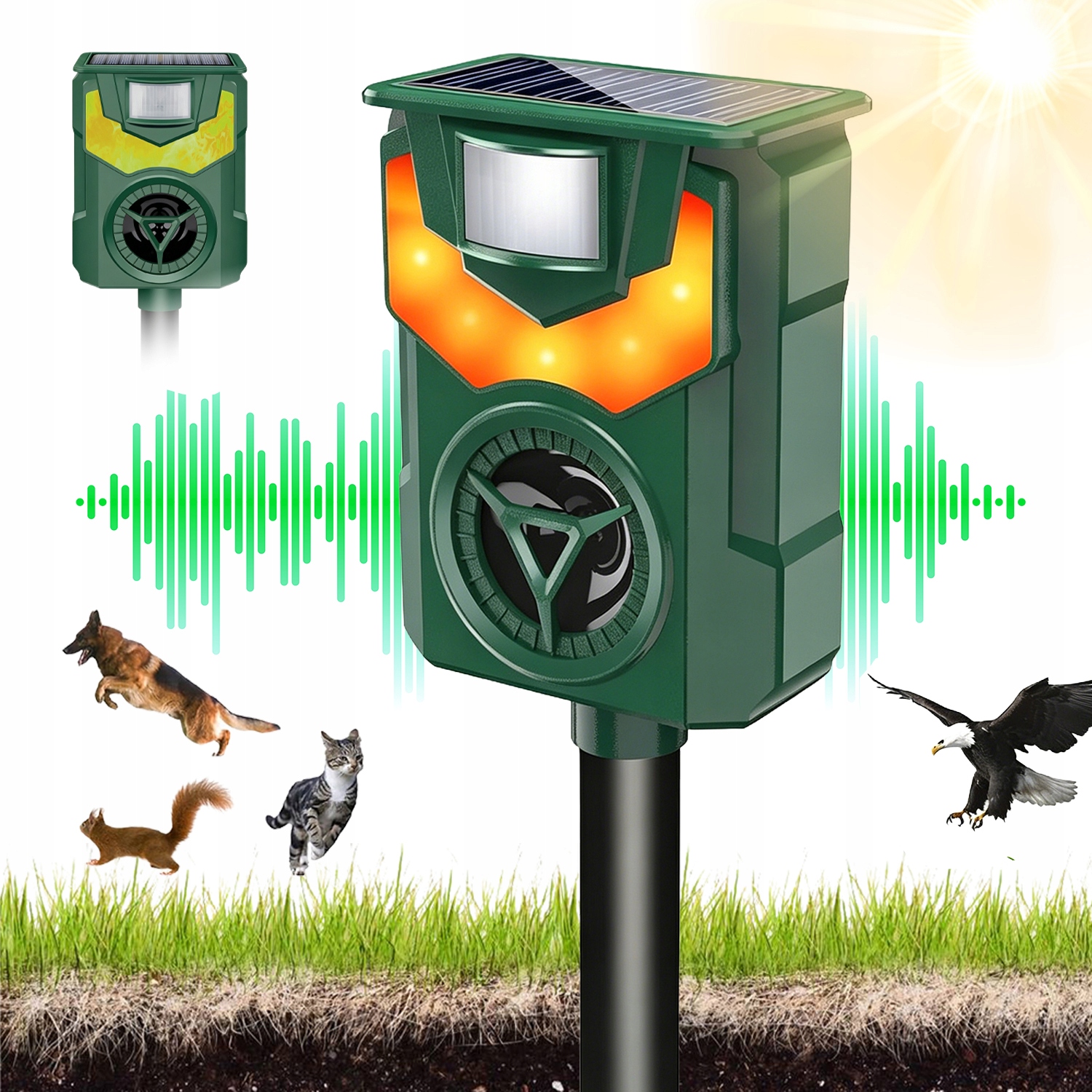 Ultrazvukový Solární Odpuzovač Ptáků, Nastavitelný, 600MAH, Voděodolný