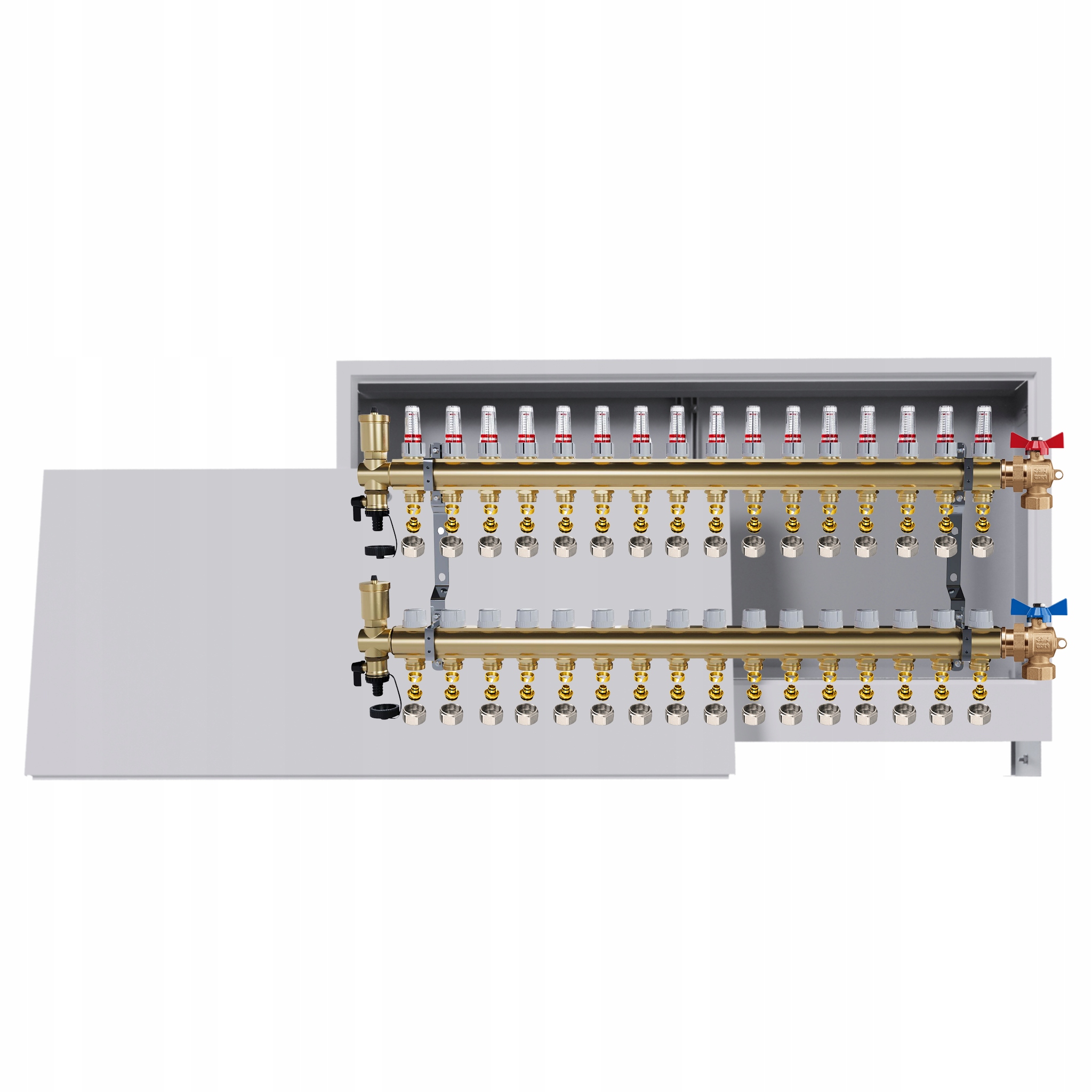 Rozdělovač podlahových krytin mosazný 16 obvodů Podomítková skříň ventily Pex