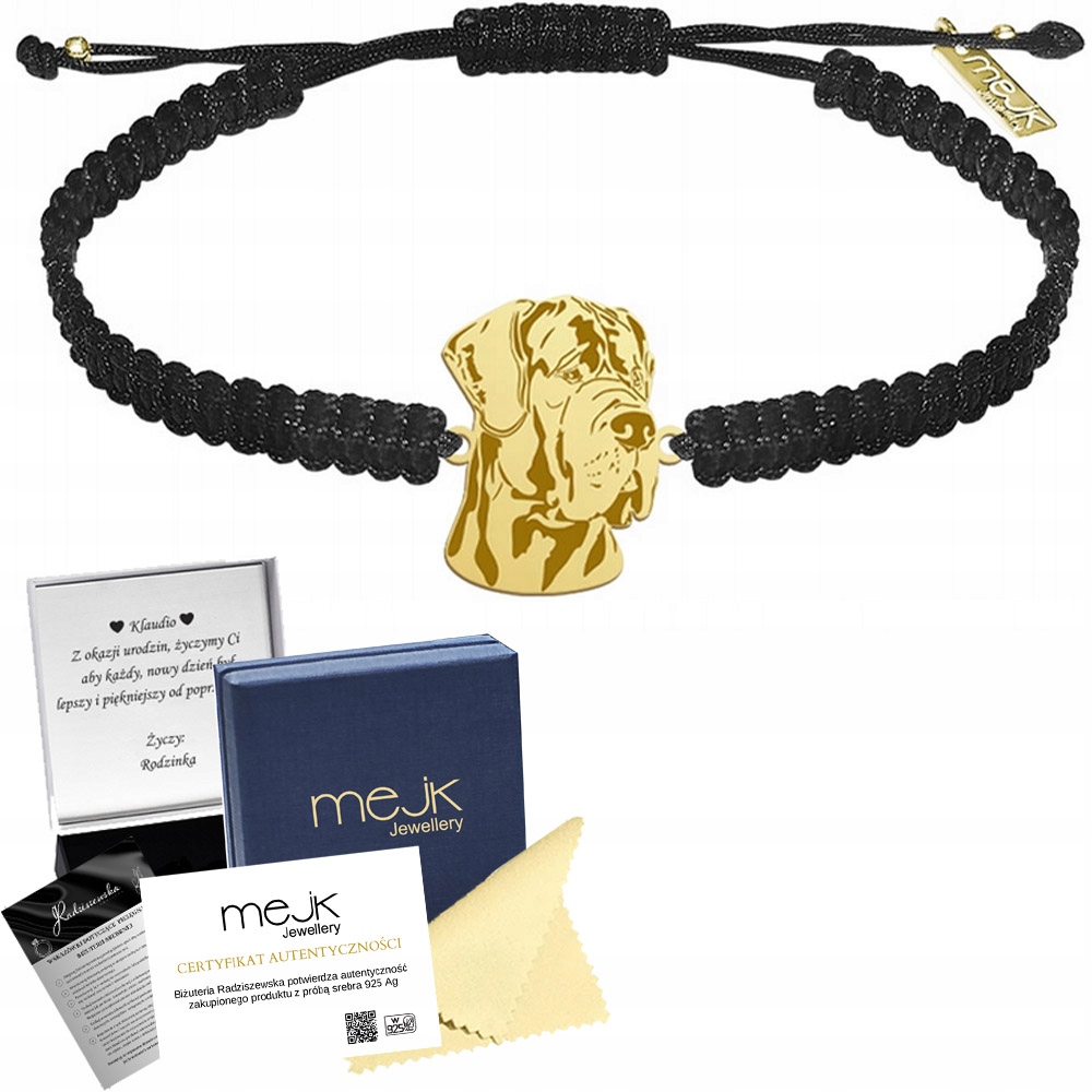 Zlatý náramek se psem Great Dane Makramé 925 Dárek Gravírování Bonus