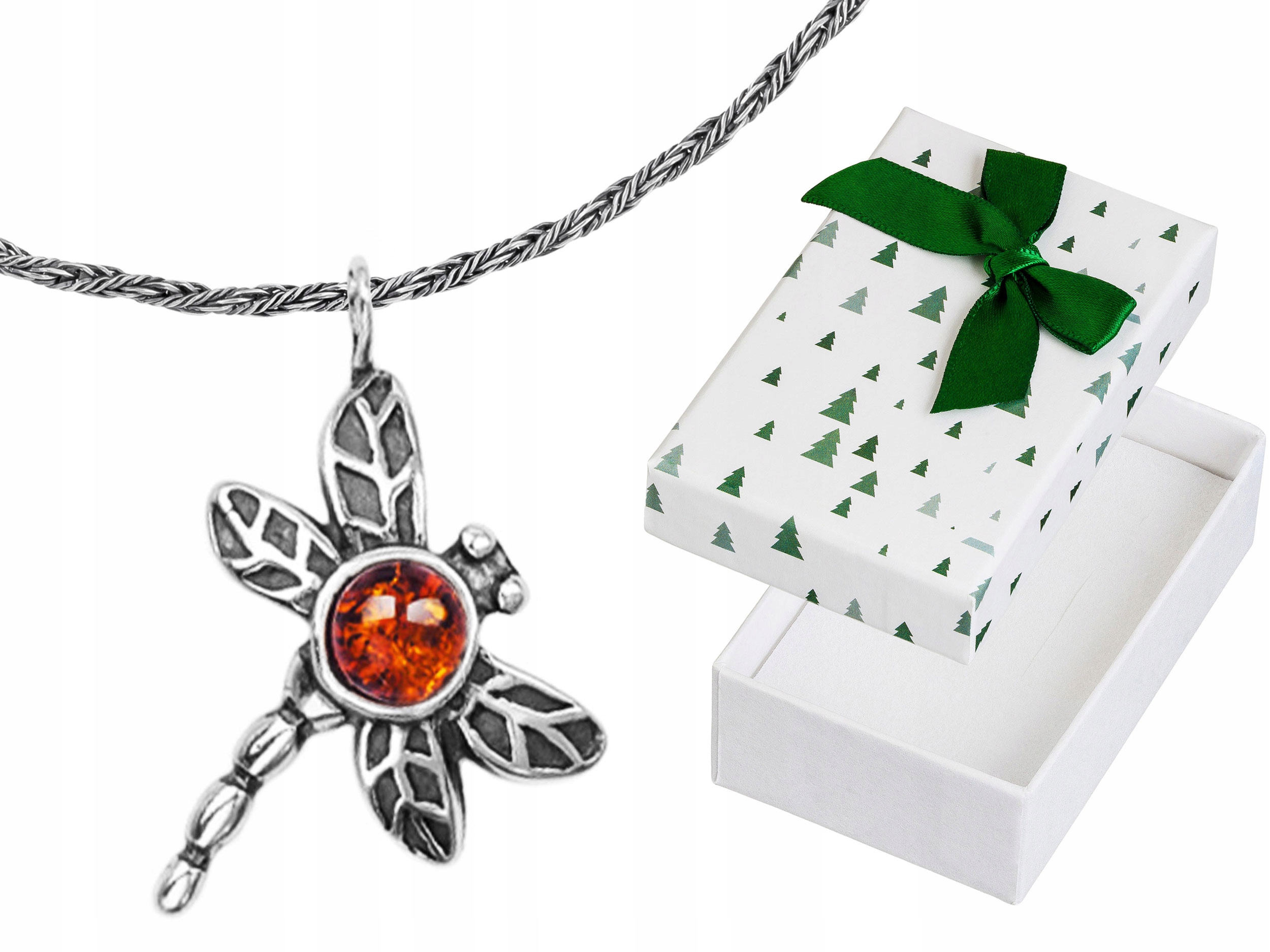 Krátký Stříbrný Dámský Oxidovaný Náhrdelník Vážka s Jantarem Choker 38 cm