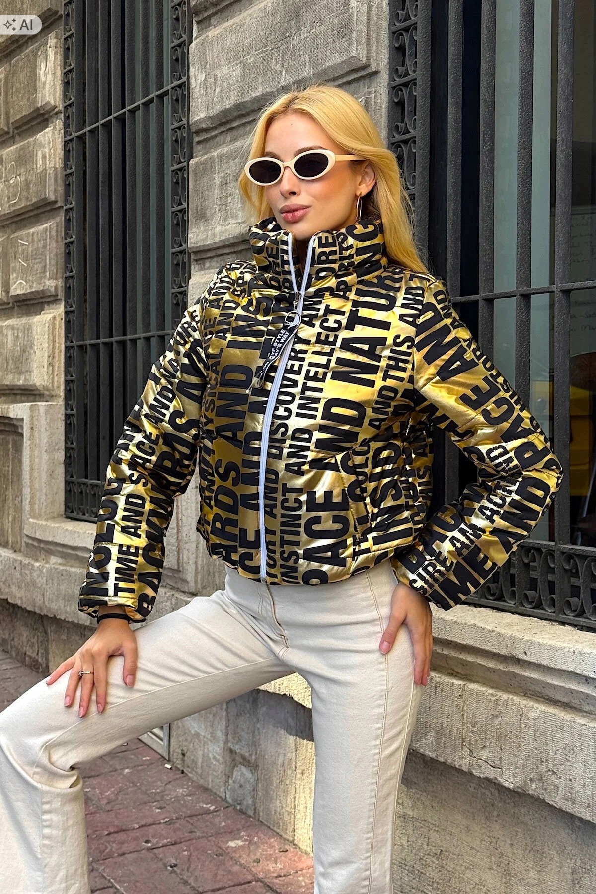 Mikina Prošívaná Bunda S Potiskem Oversize 42 5IA