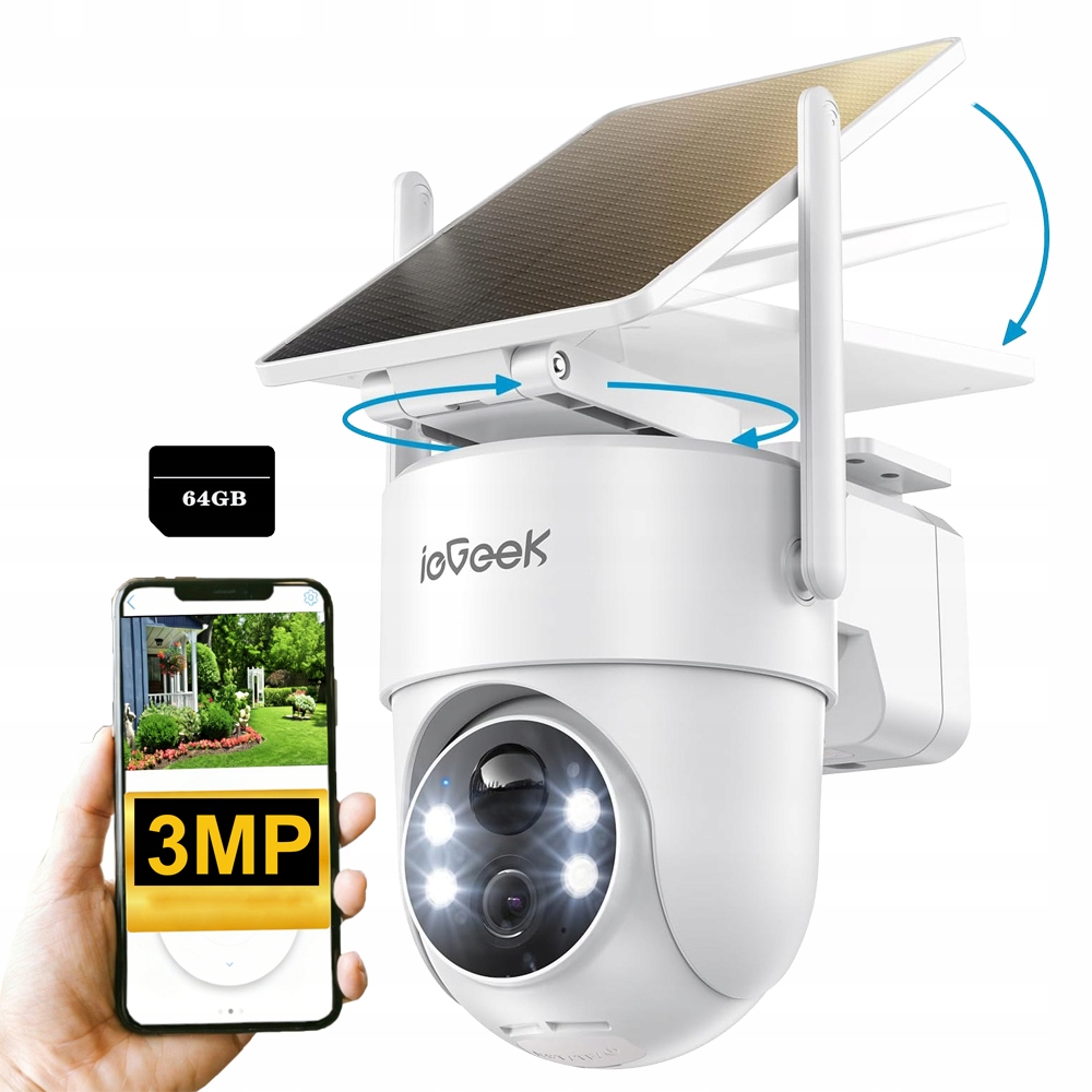 3MPX solární otočná kamera detekce těla Pir 360° Otočná s 64G kartou